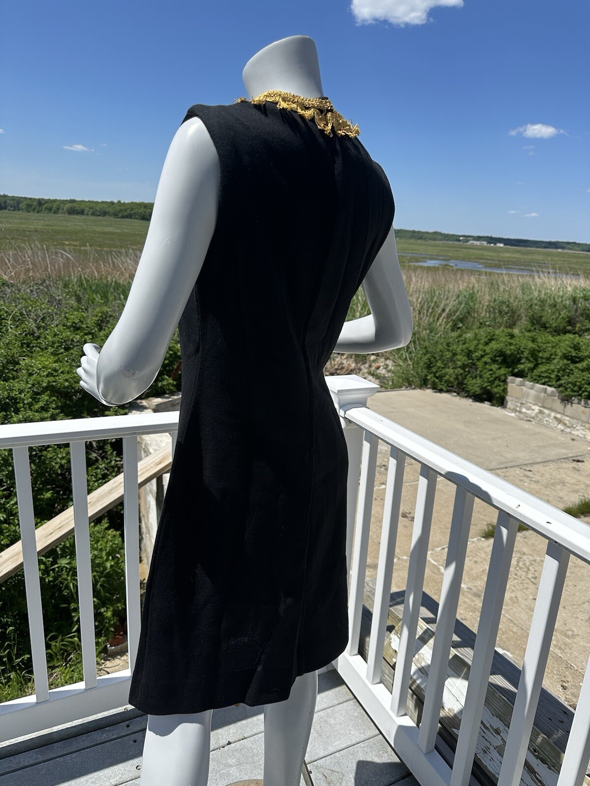 1960s Bleeker Street dress black cocktail shift gold trim 70s size 14 classic