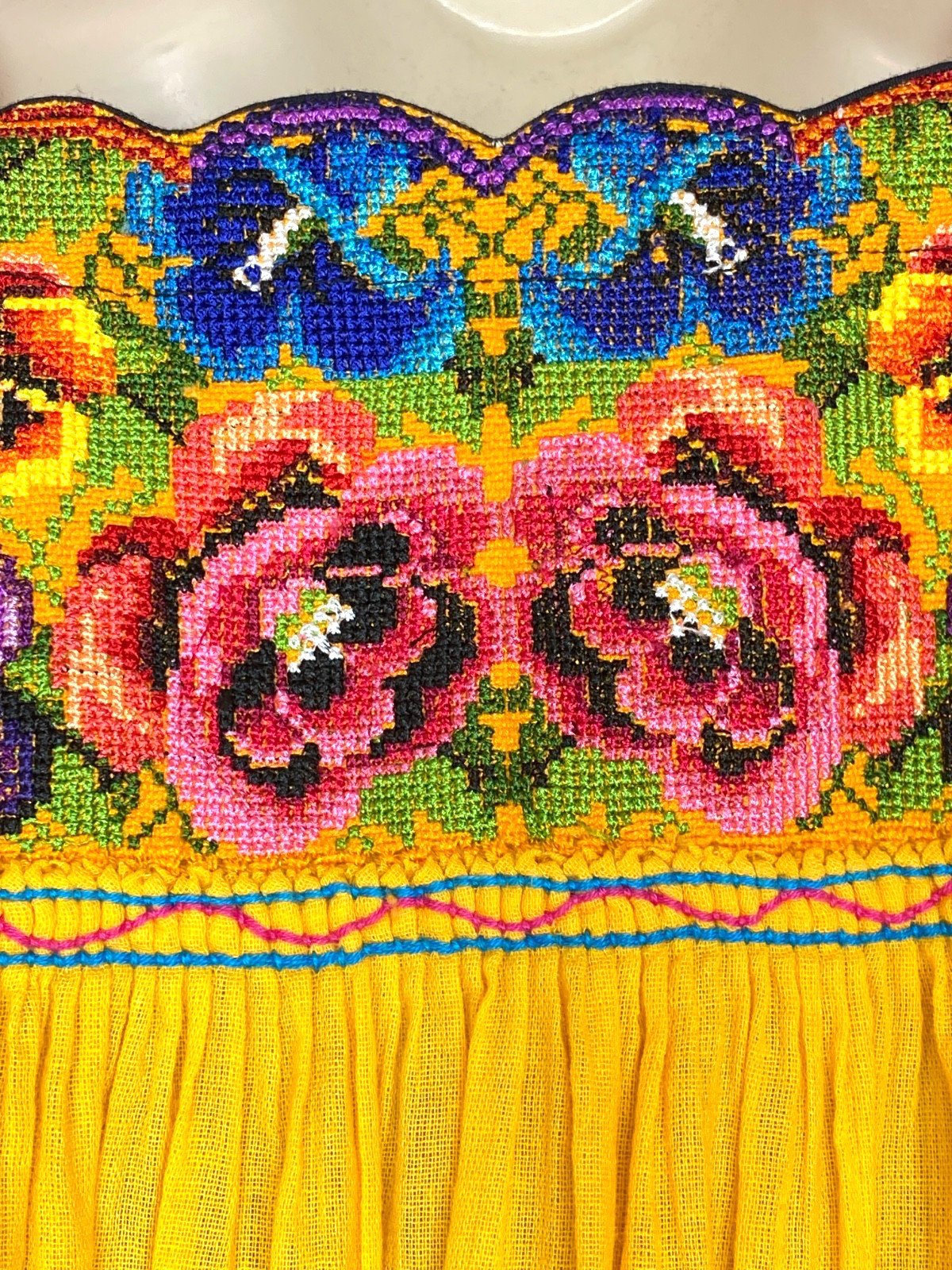 Vintage yellow floral embroidered tunic top long sleeves pink blue cotton boho