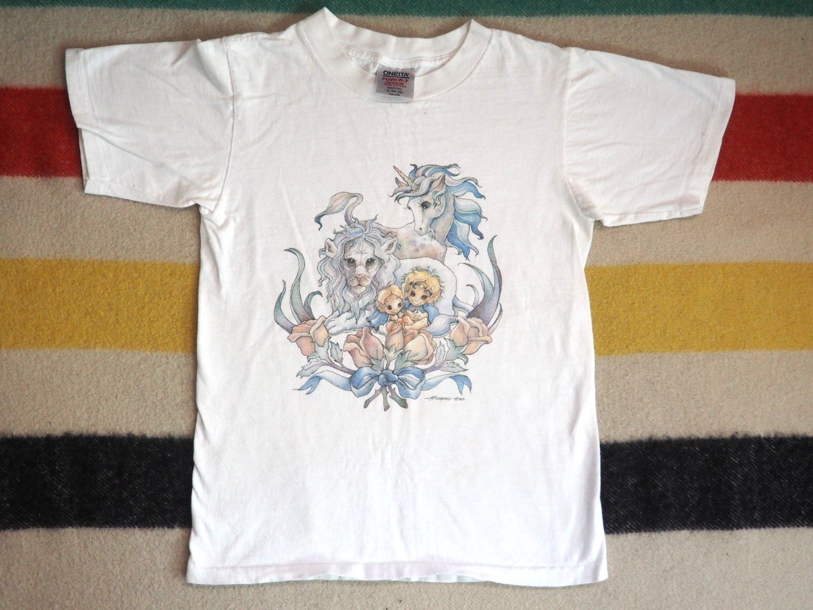 VTG 80s Oneita Fantasy Unicorn Gnome Lion Art USA White Tee T-Shirt Womens S