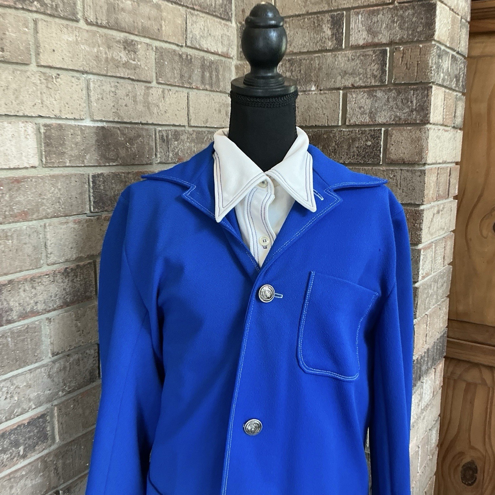 70s VTG Royal Blue Jacket White Blouse 2PC Set Sz L Coin Buttons Topstitch #20D8