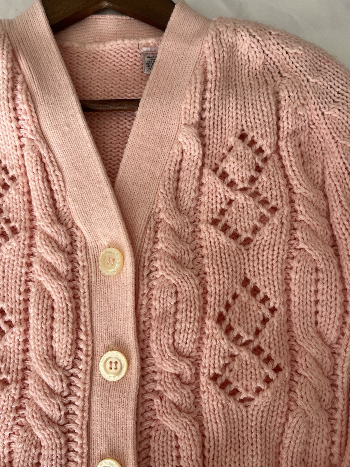 Rare Vintage Baby Pink Chunky Knit Cardigan Sweater Size S 60s 70s W/ Pockets