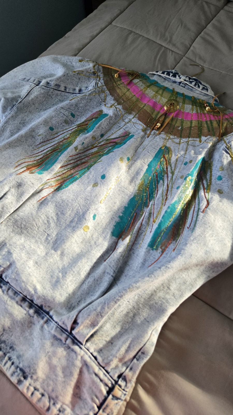 Vtg Copacabana Acid Wash Denim Jacket Hand Painted Fringe Western 90s Unisex L