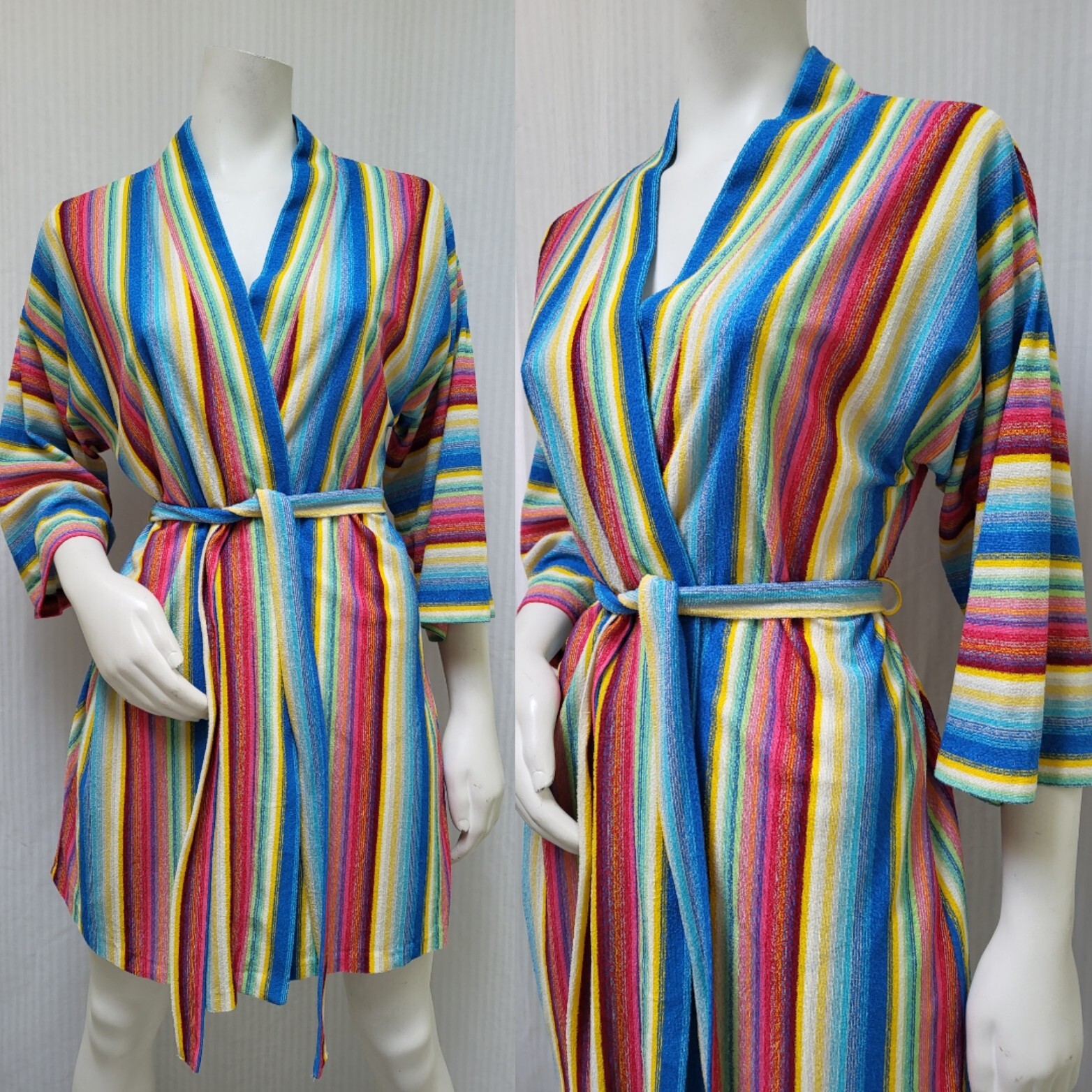 Rare VTG JCPenney GAYMODE Rainbow Terry Cloth Bathrobe Robe Striped – Sz S – EUC