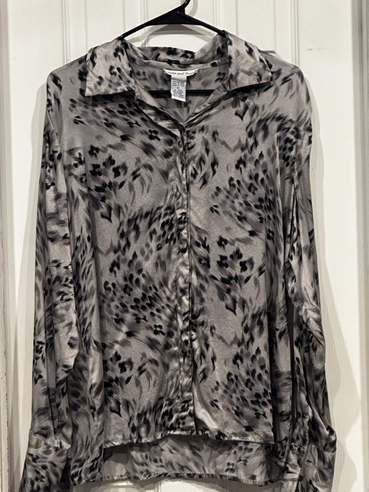 Vintage 90s Anna & Frank 100% Silk Shirt xl Black Gray Print Convertible Sleeves