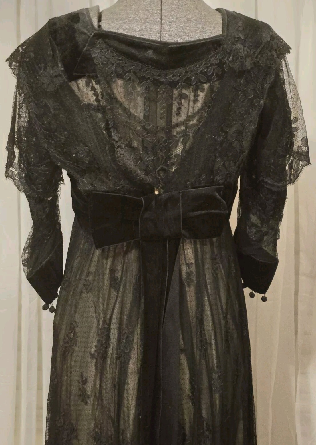 Edwardian Black Chantilly Lace Tassels & Velvet Trim Gown