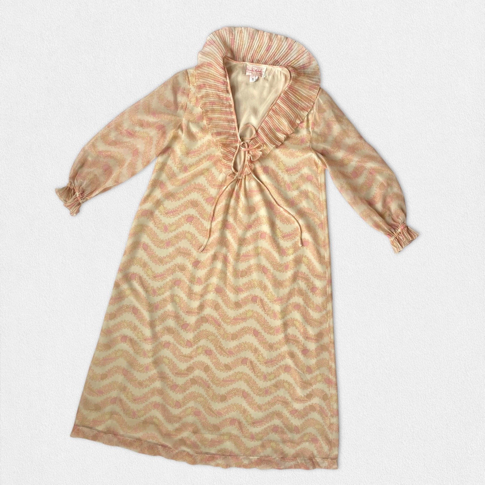 VTG Zandra Rhodes LingerieRuffle NightGown Shear Maxi Lounge 70s 80s Seashell