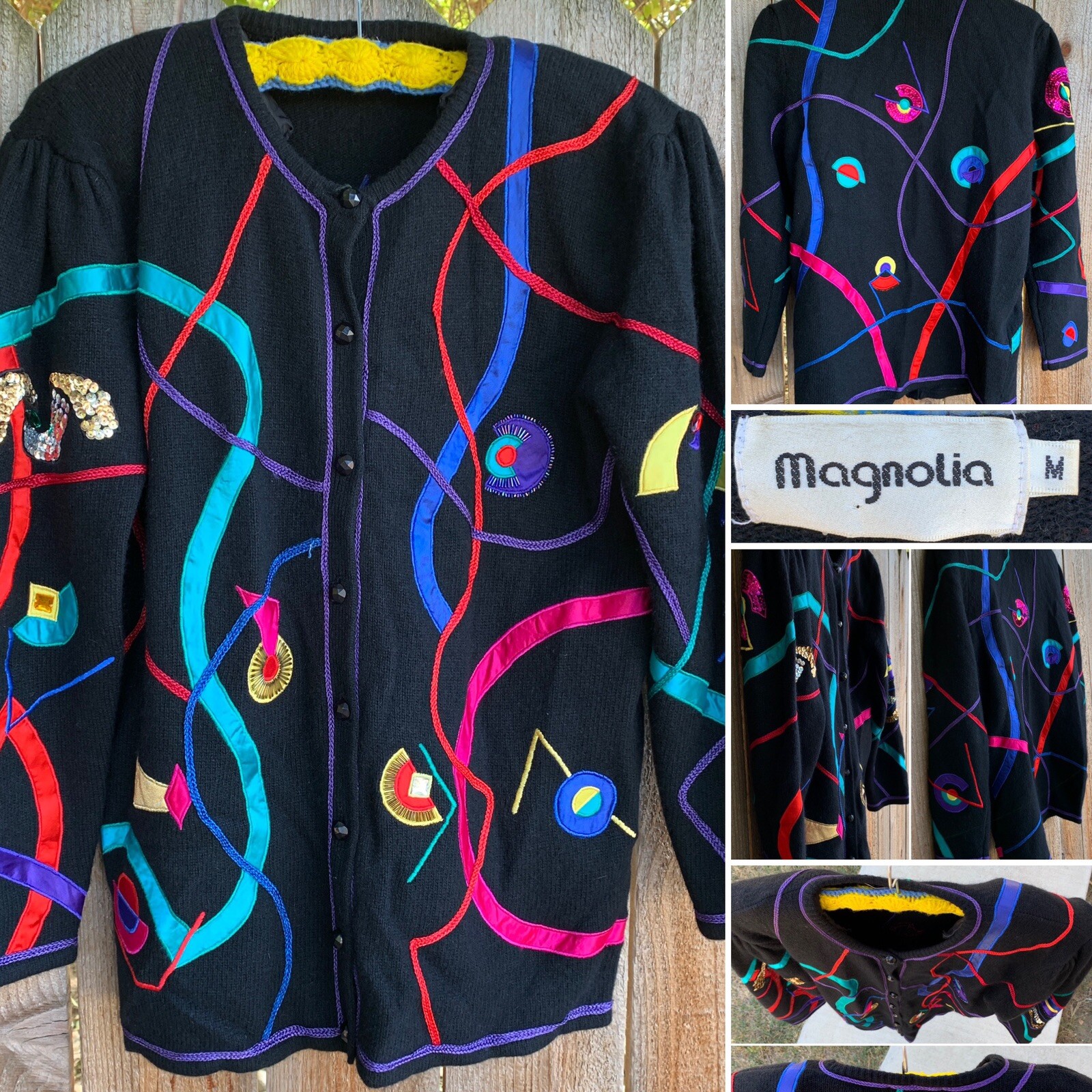 Vintage Magnolia Cardigan Sweater 80s 90s 1980s Geometric M Puffy Shoulders