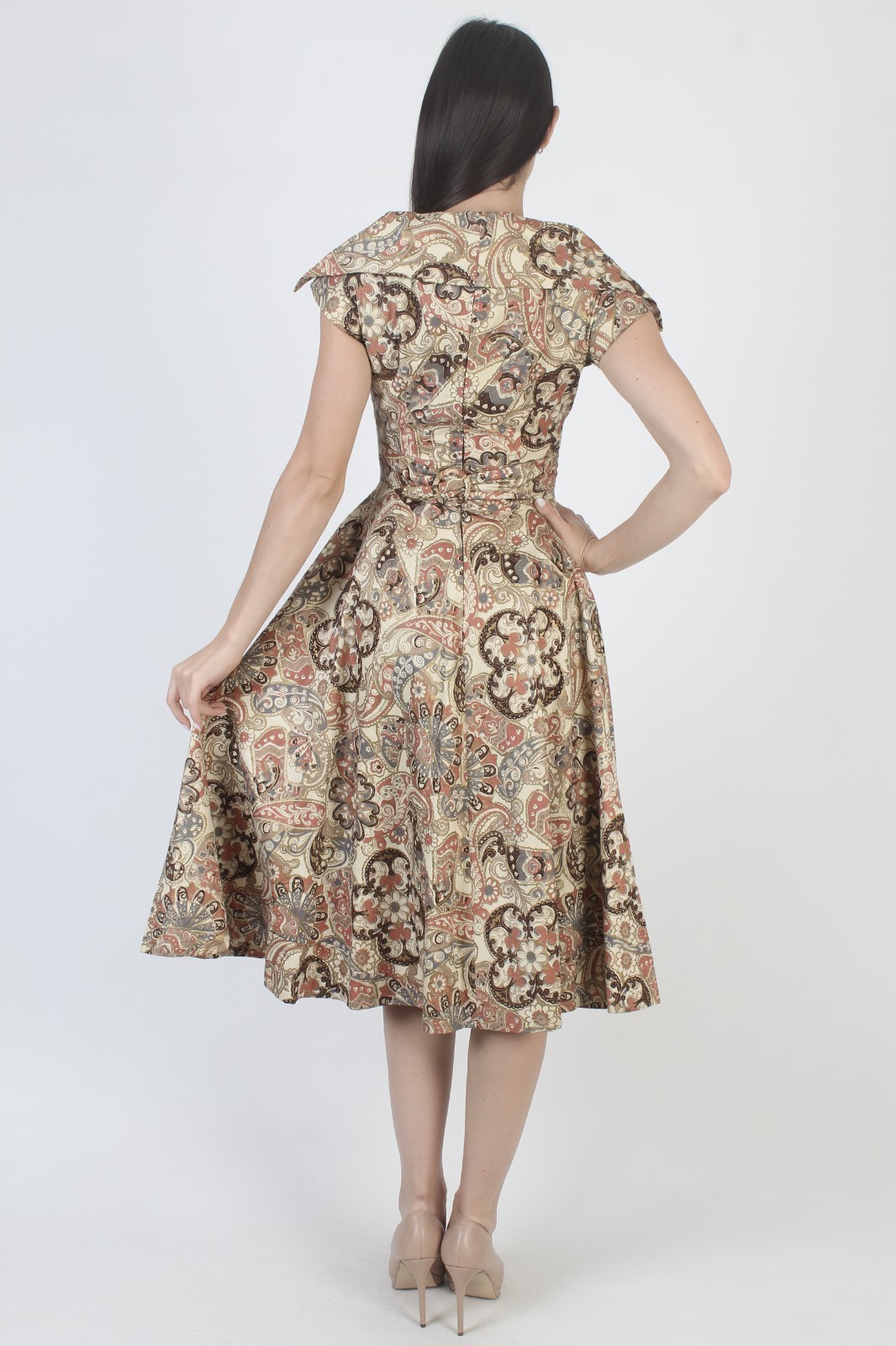 Vtg 50s Paisley Rockabilly Dress Full Circle Skirt Pin Up Atomic Bombshell Midi