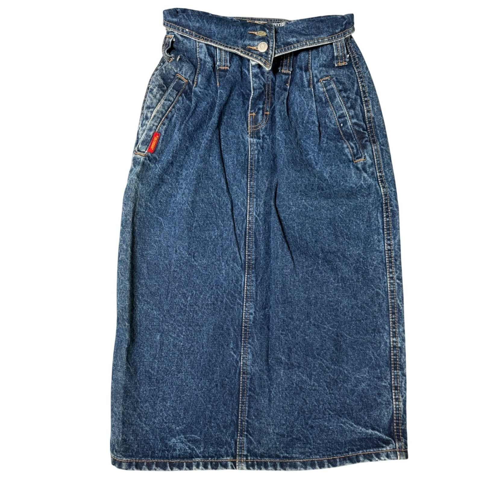 Vintage Jordache Acid Wash Denim Midi Skirt High Waist Pleated Blue Size 9 80s