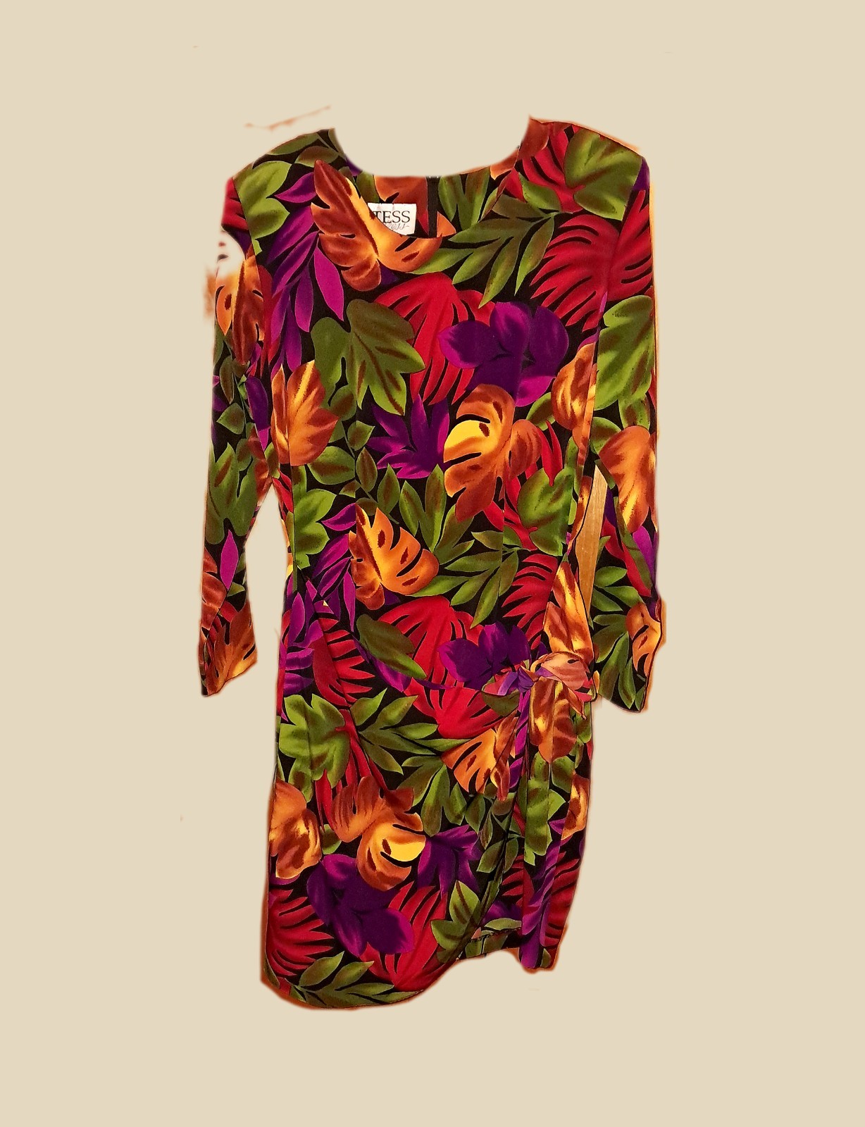 Vtg 80s Tess Dress Bright Tropic Floral Womens Long Sleeve Faux Wrap Sz 12 Zip