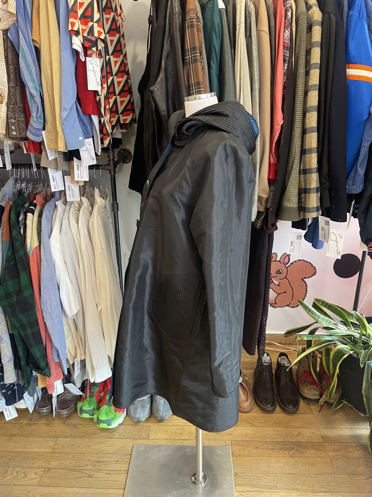 *Reversible* Blue and Black Windbreaker material long trench with pleated hood—M