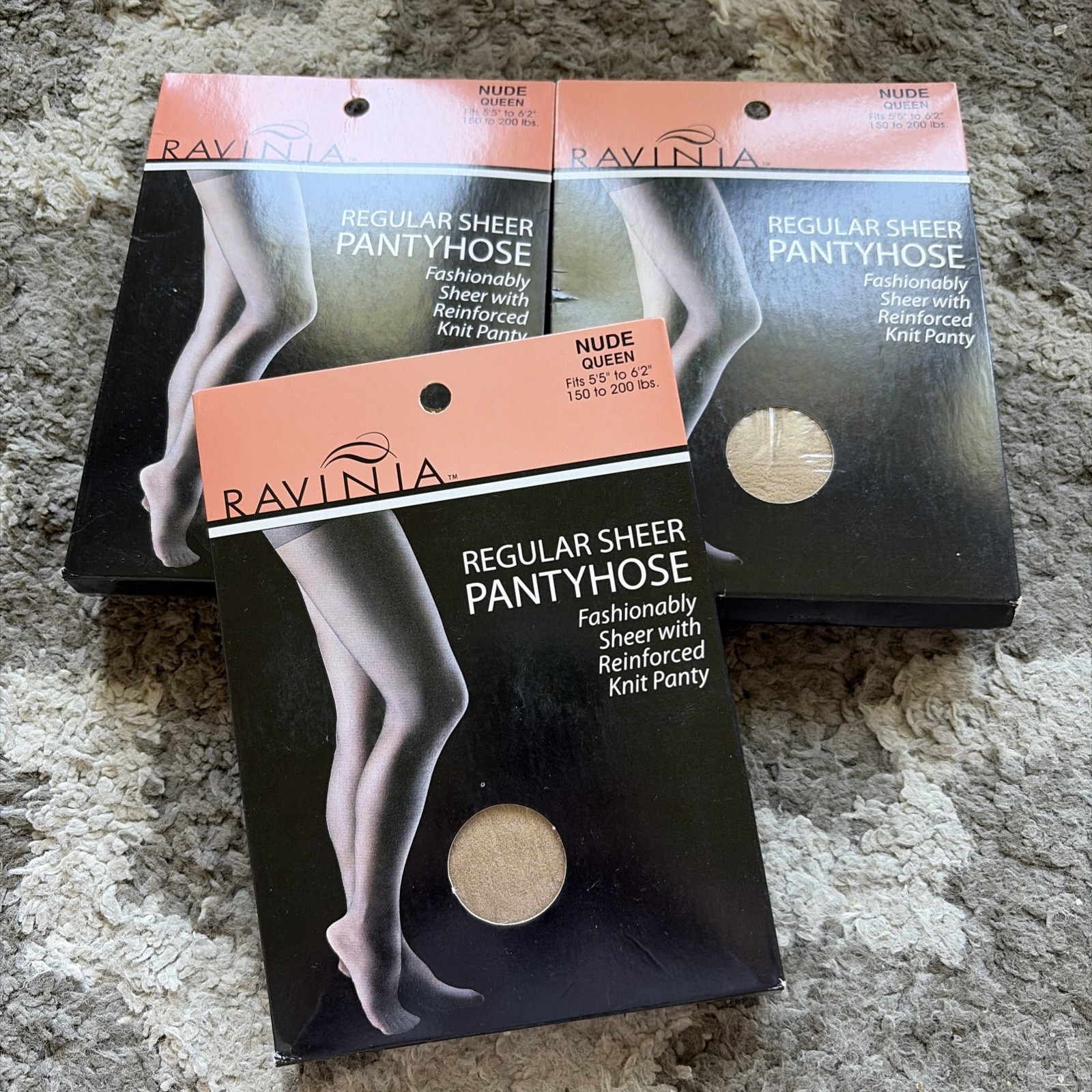 LOT OF 3 Ravinia Regular Sheer Pantyhose Nude Size Q Reinforced Knit Panty NIP
