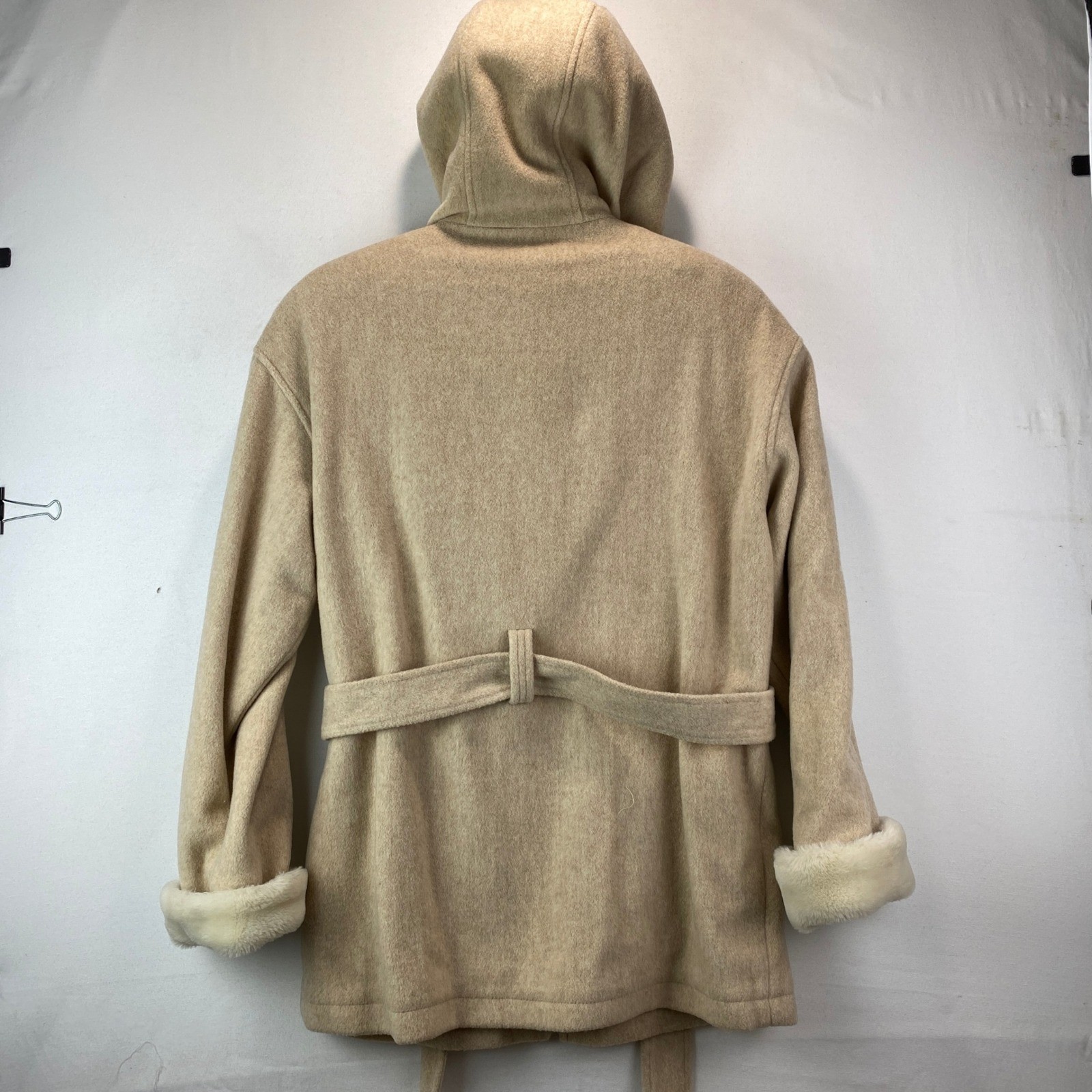 VTG Lorovi Hooded Faux Fur Trim Wool Belted Coat Womens M Beige Made in USA Zip