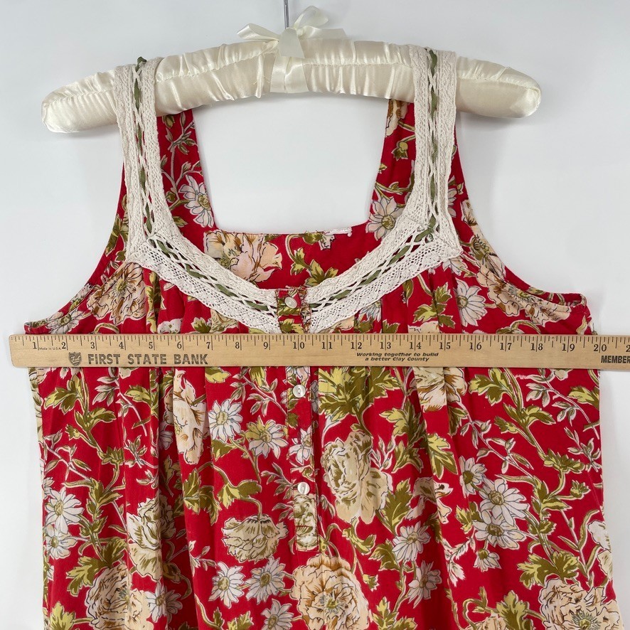 Vtg Nightgown XL Red Floral Cottage Victorian Edwardian Coquette Grandma Crochet