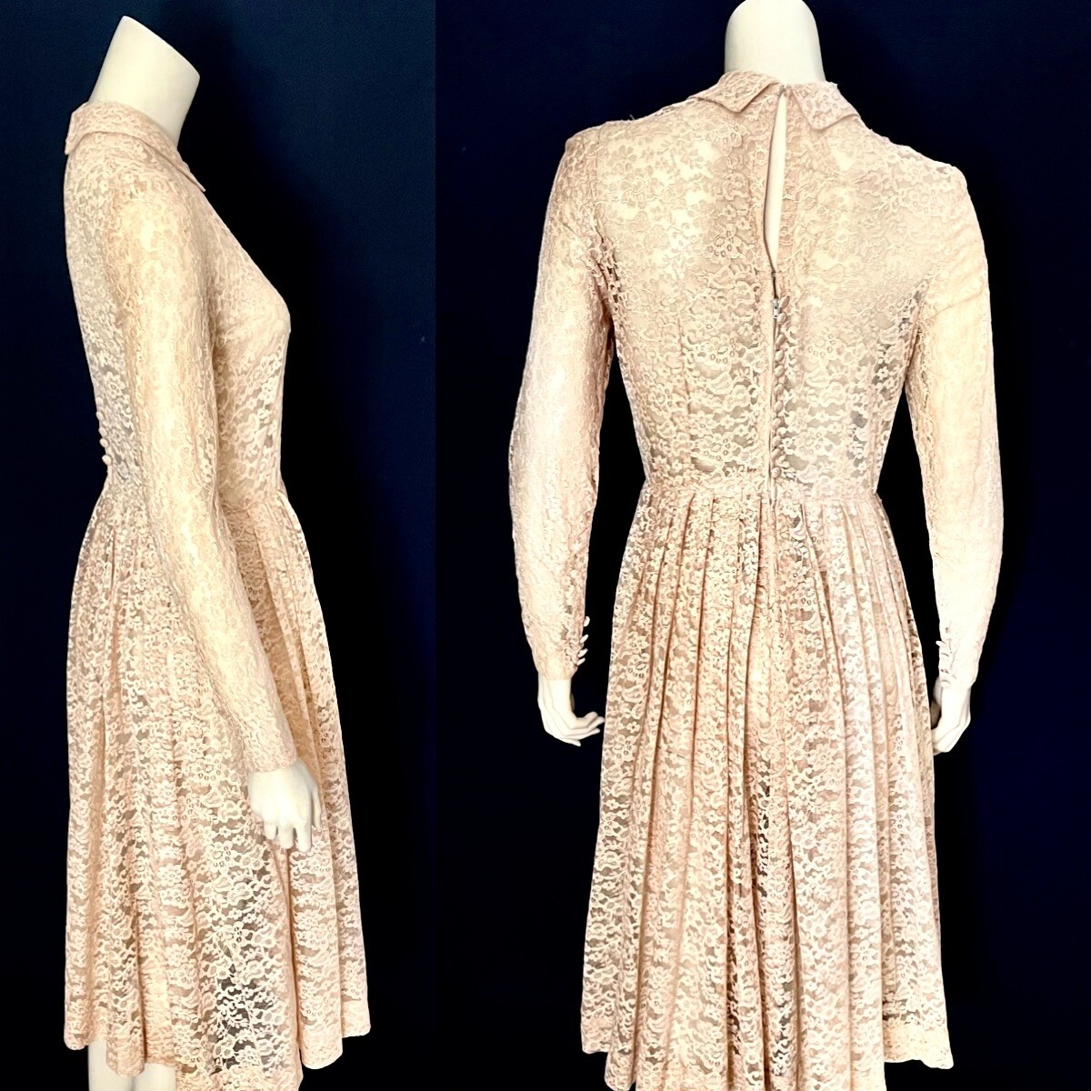 Lovely Lace 1950s Occasion Dress, Long Sleeves, Apricot, Bridal, Small, VLV