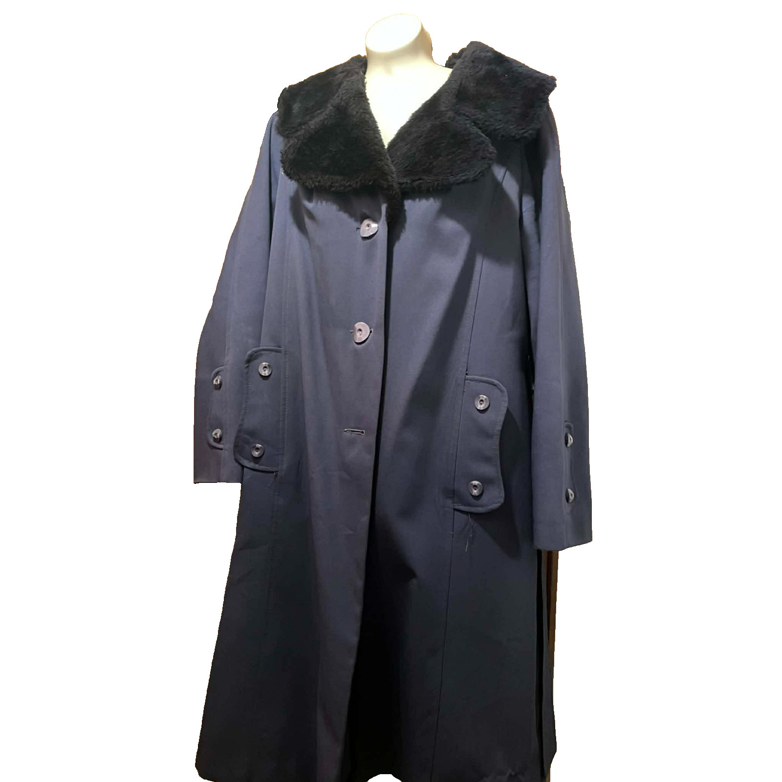 Vintage Blue and Black Trench Coat Faux Fur Collar L/XL