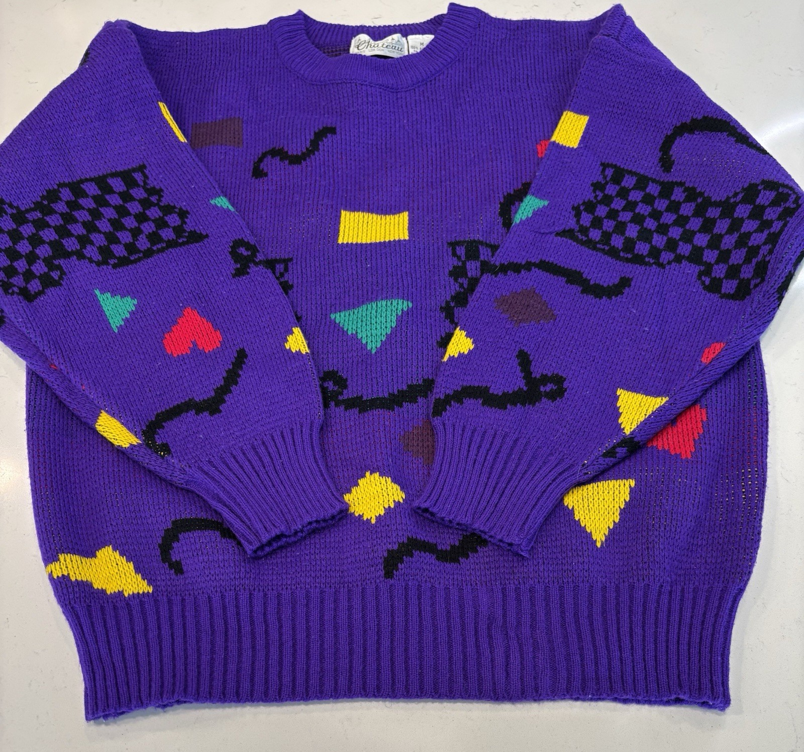 Vintage 80s Chateau Sweater M Purple Abstract Geometric Novelty Knit Colorblock