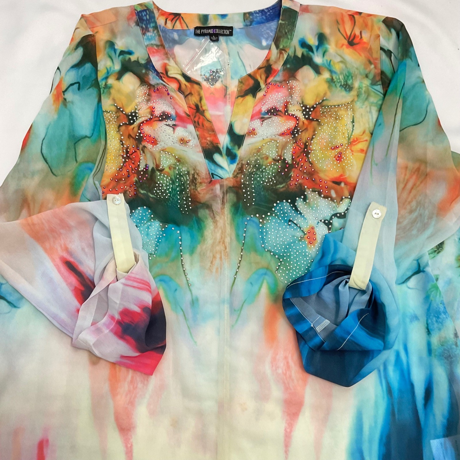 VTG Y2K PYRAMID Collection sheer BoHo floral shimmer tunic blouse fairy L NWOT