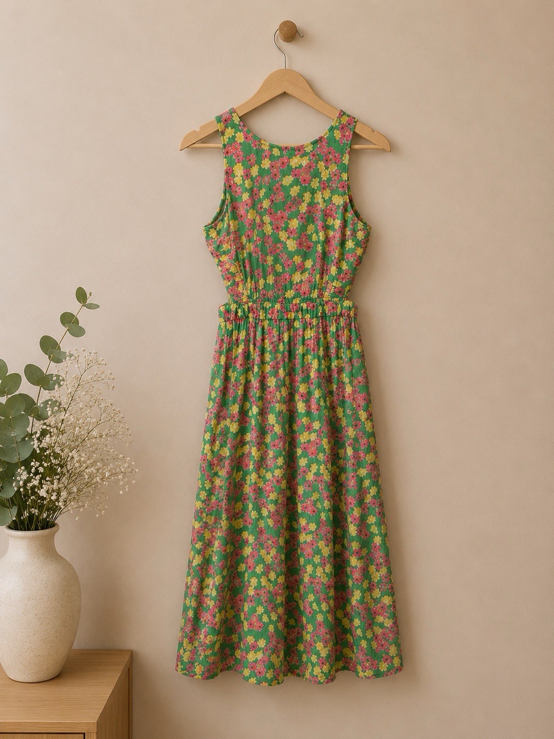 Vintage Mod Floral Cutout Waist Midi Dress Retro Garden Party Spring Cottagecore