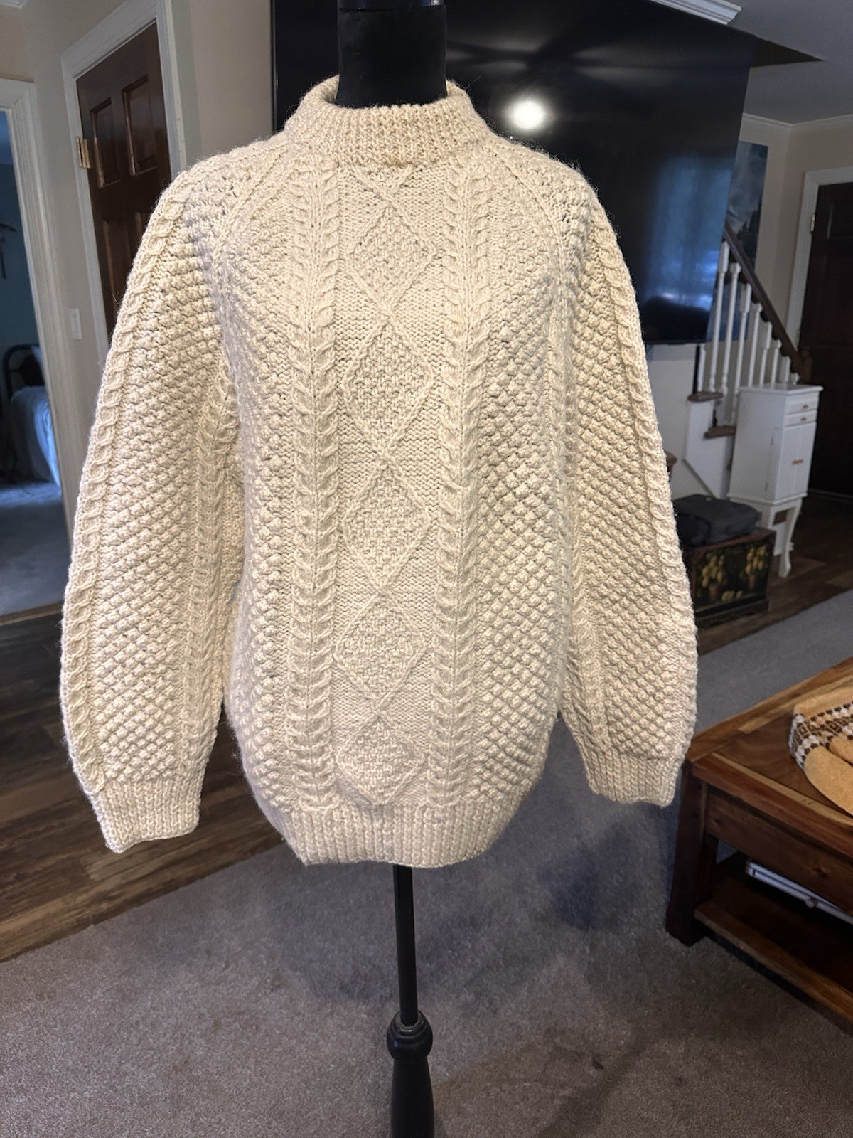 Vintage Ireland Handmade Cahuin Handknits Women’s L 100% Wool Ivory