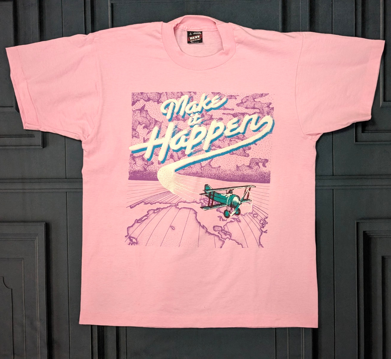 Vintage 80’s 90’s Motivational T Shirt Graphic Tee Make it Happen Pastel Pink L