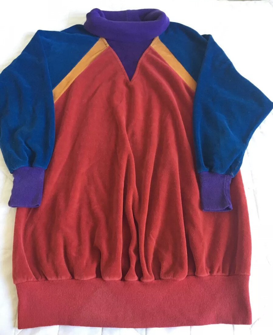 Hippie 80’s Woman’s Velour Tunic Pullover, Turtleneck, Long Sleeve, Color Block