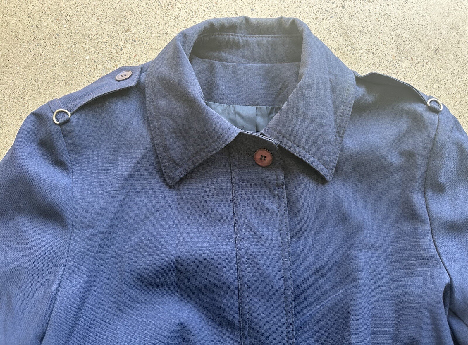 Vintage Jerold Navy Blue 2-Pocket Button-Up Collared Overcoat Trench Coat w Belt