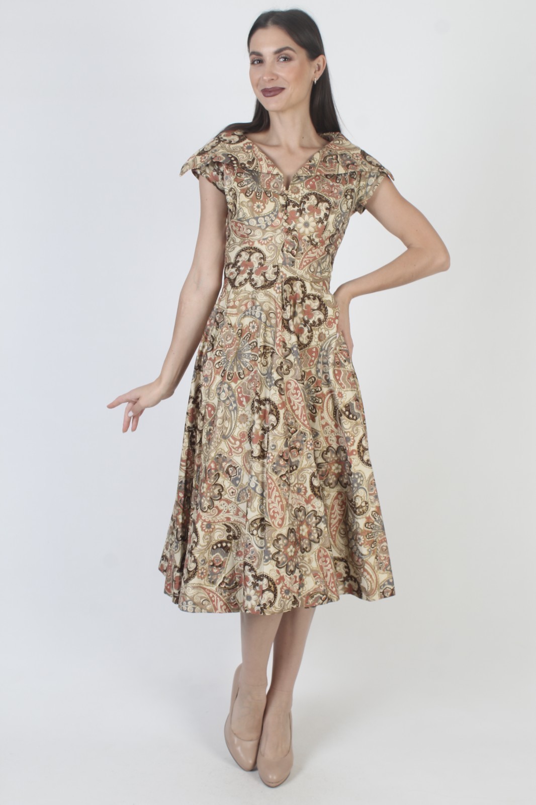 Vtg 50s Paisley Rockabilly Dress Full Circle Skirt Pin Up Atomic Bombshell Midi