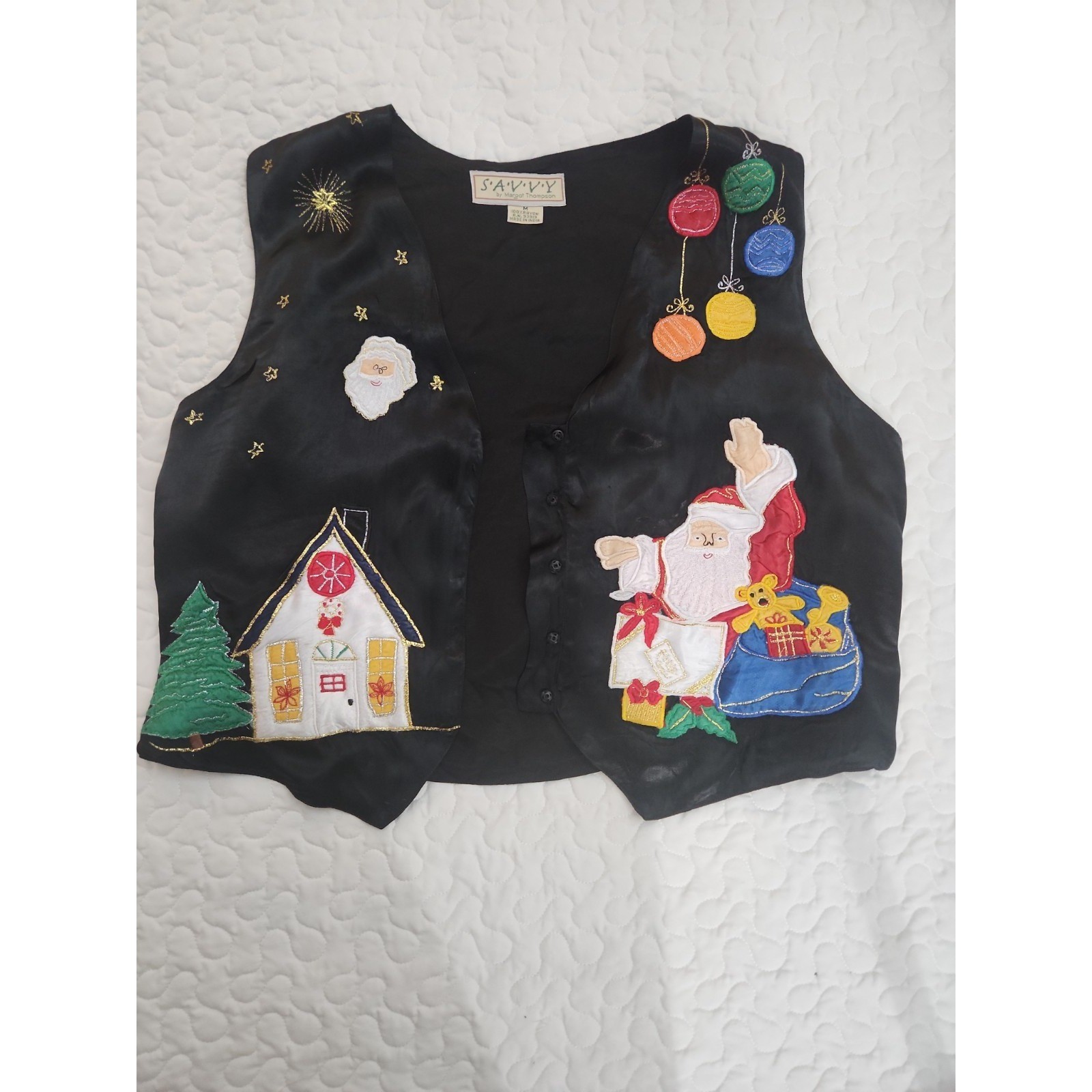 Vintage SATIN Christmas vest Ornaments Santa Black Red Applique medium chest 38