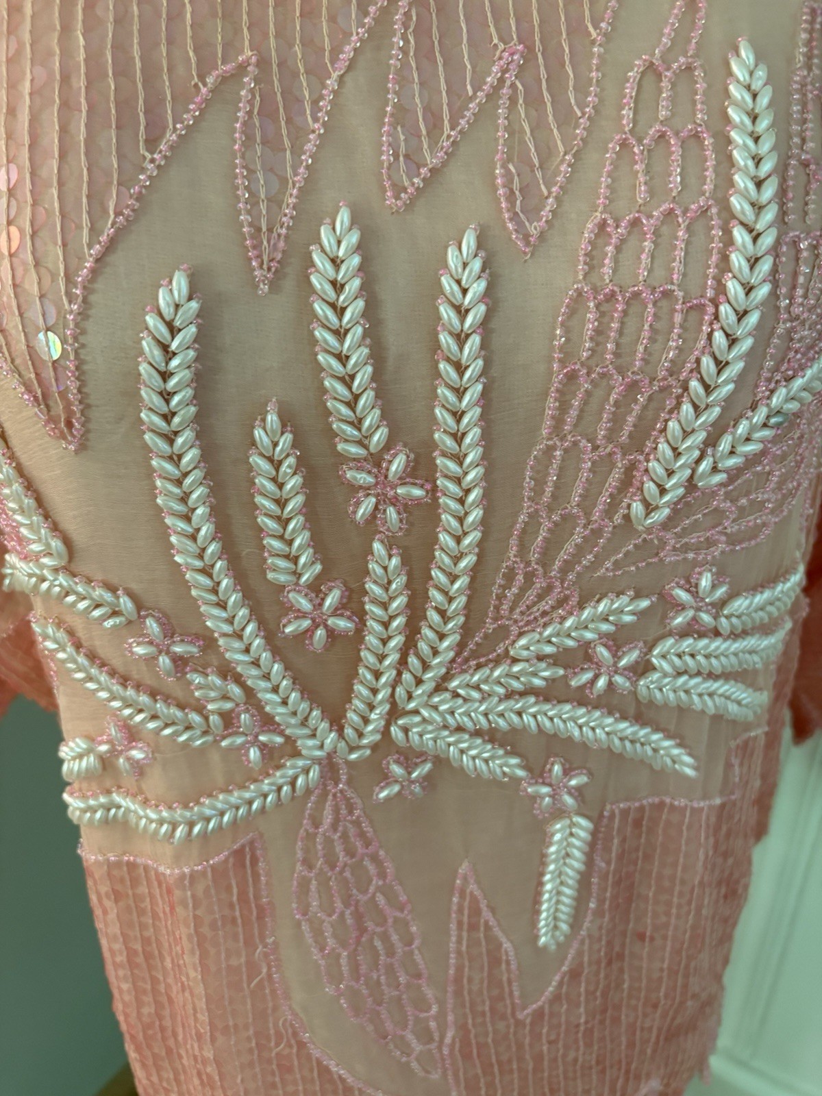 Vintage 80s Hand Beaded 100% Silk Top Pastel Pink Sequin. NWT!M Deadstock. India