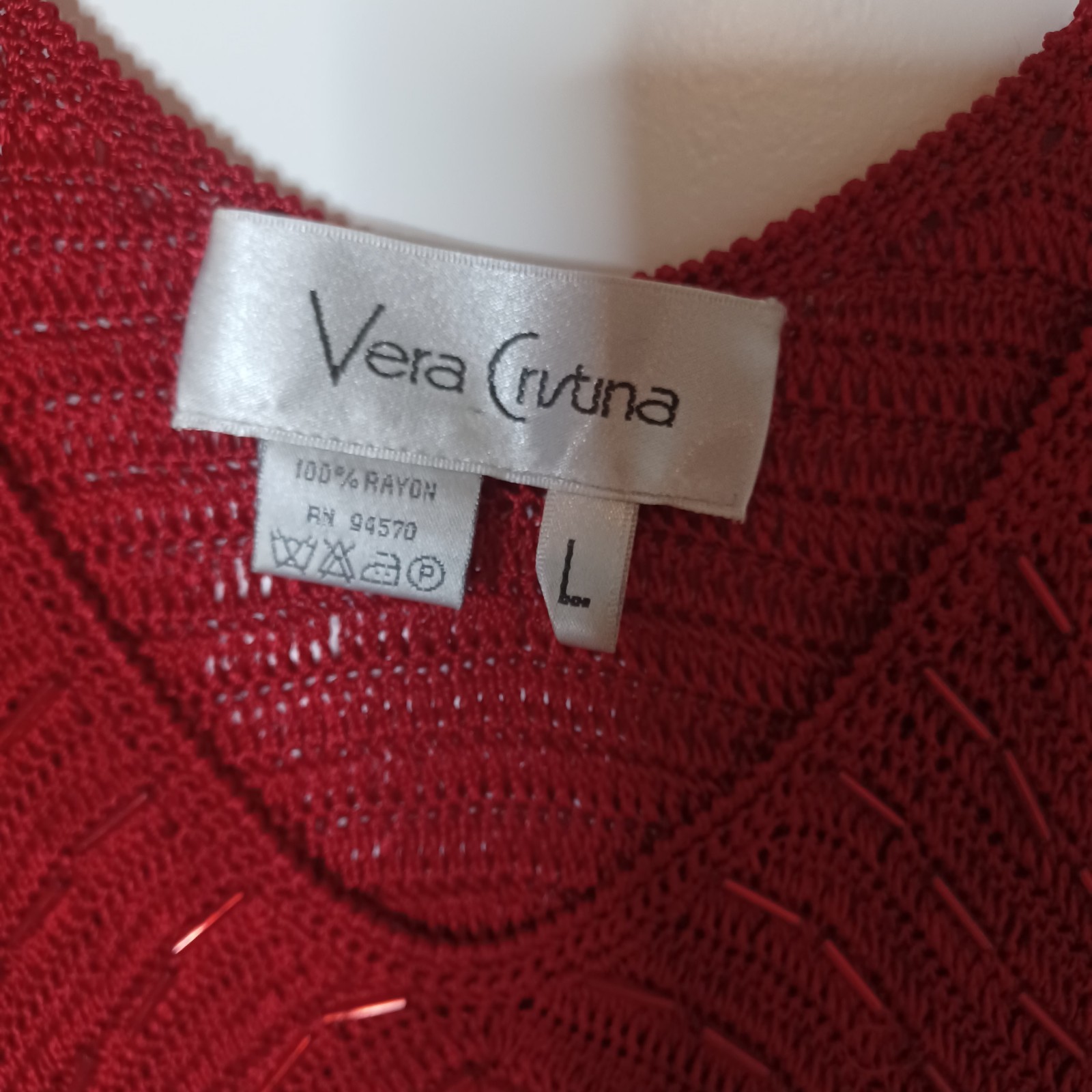 Vera Cristina Red Beaded Knit Tank Top L Large Dress Blouse