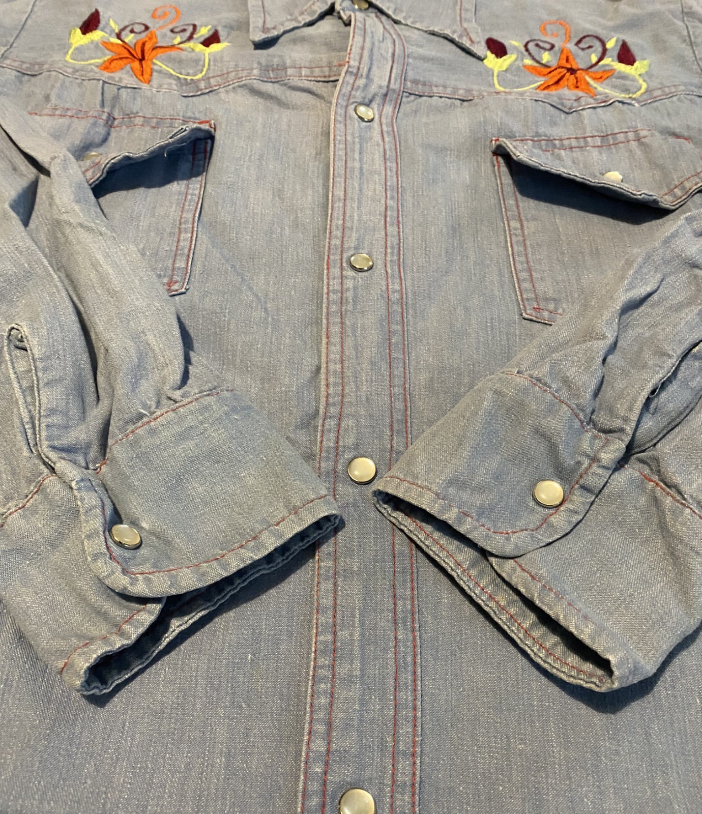 Vintage denim pearl snap button up with embroidery