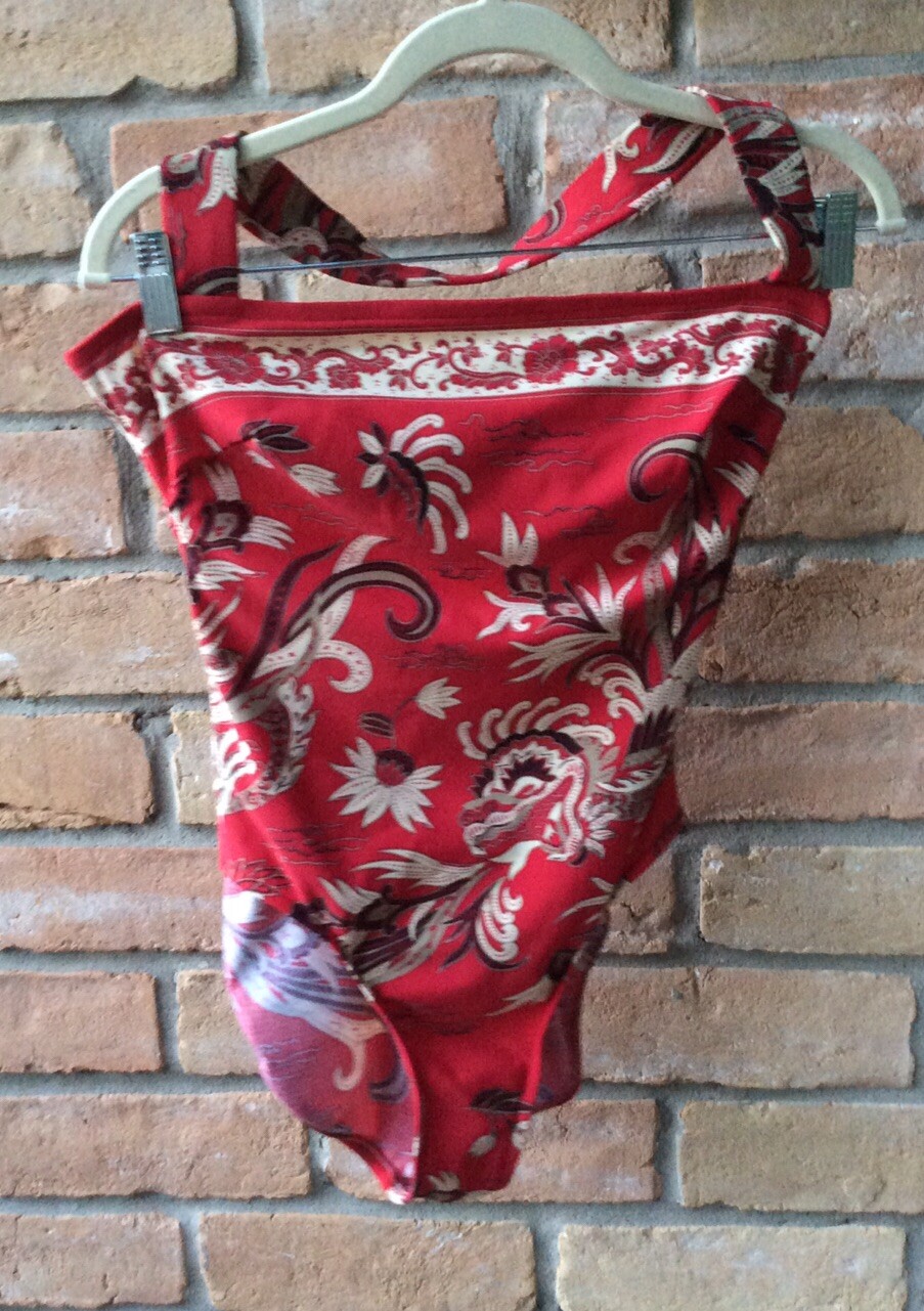 VTG Jantzen Red Multicolor Asian Print One Piece Halter Swimsuit Sz 14 Beach USA