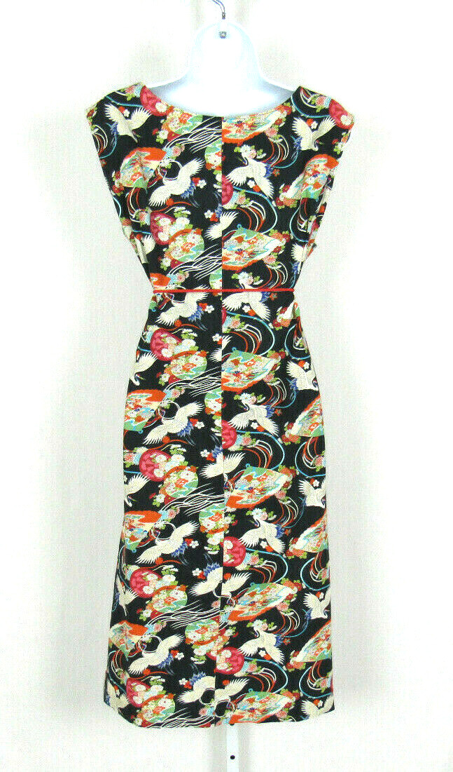 VTG 1960s 70s JAPANESE FLORAL DRESS FANS EGRETS SLEEVELESS ROPE BELT COTTON BLND