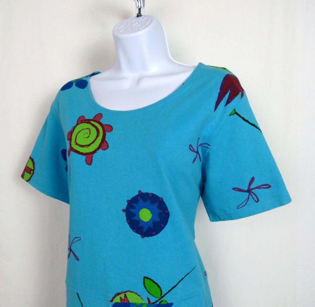 VTG 1980s 90s RED GINGER MEDIUM COTTON DRESS MOD FLOWERS ROPE BELT AQUA BLUE
