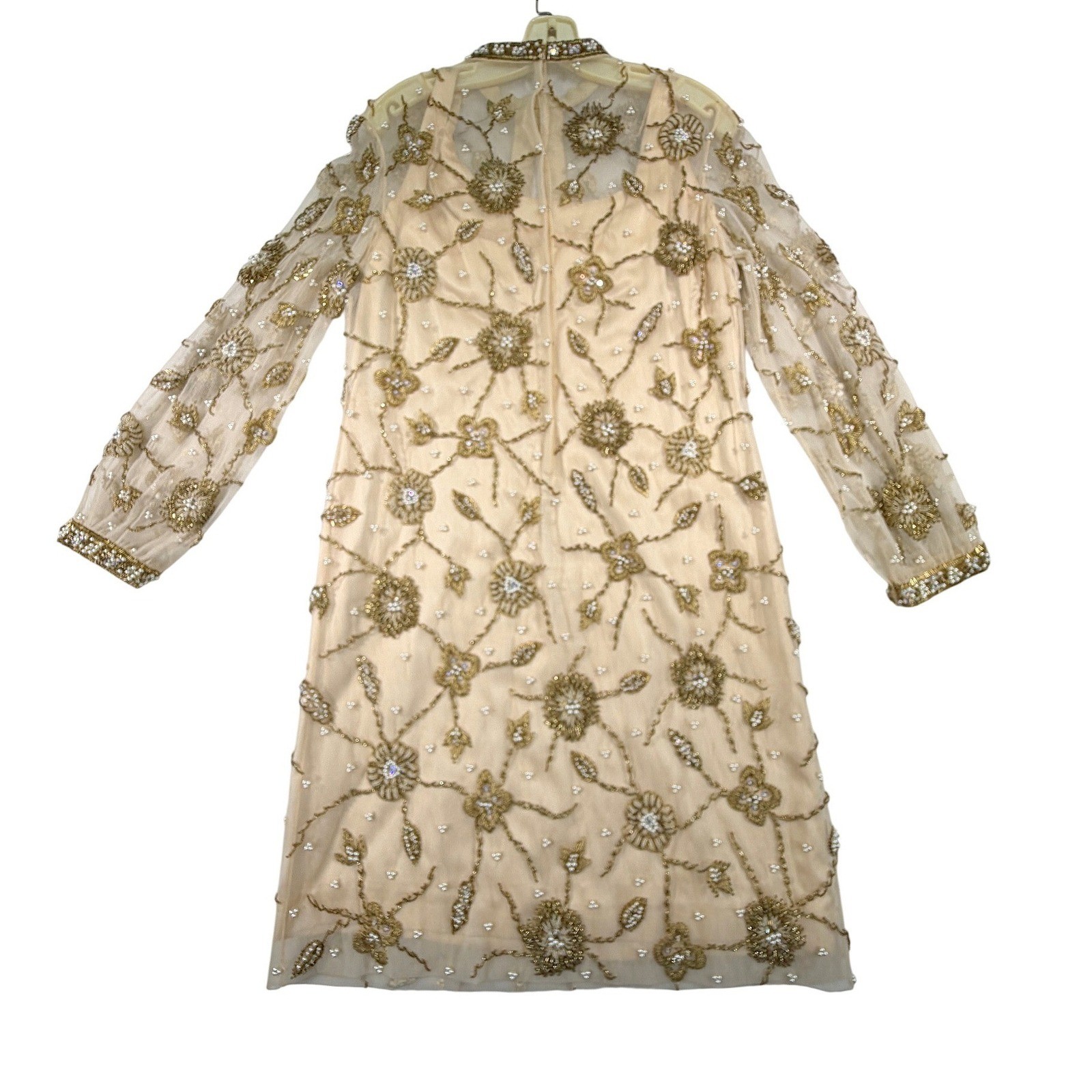 Handmade Vintage Palm Beach Gold Silk Beaded Dress 14 M / L Long Sleeve