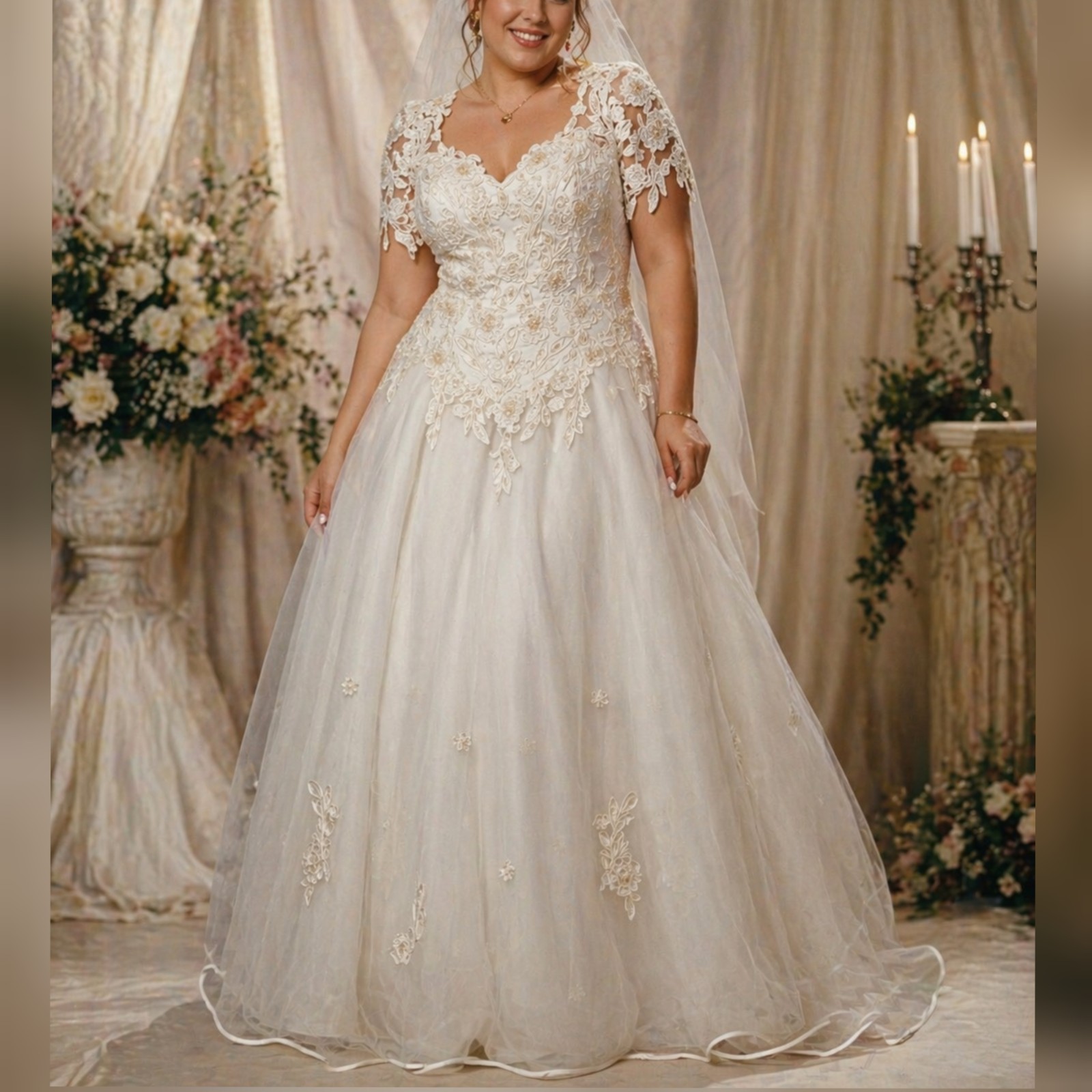 Michaelangelo Vintage 90s White Tulle & Lace Short Sleeve Wedding Dress sz 18