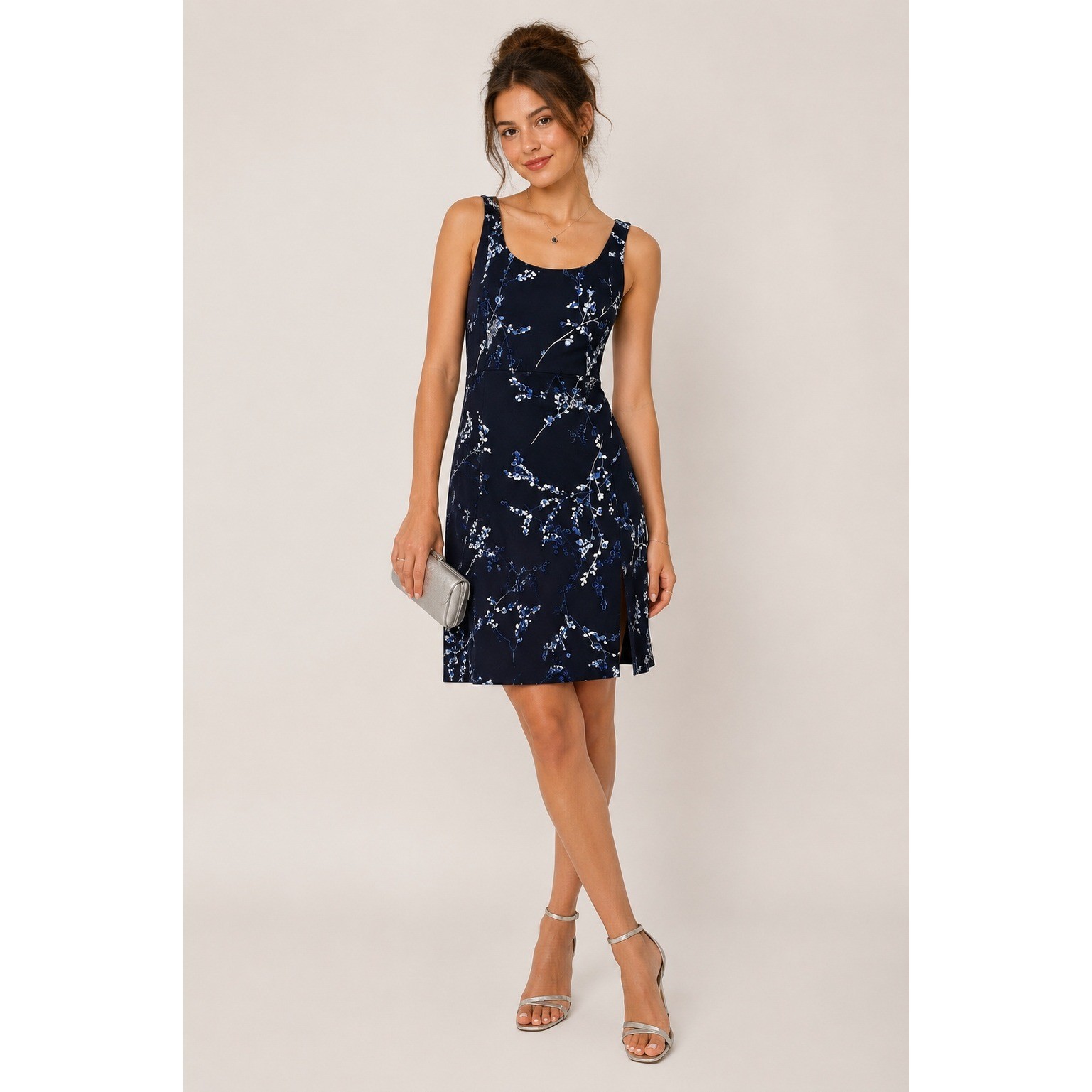 Vintage 90s Alyn Paige Navy Floral Empire Waist Midi Dress Made USA Size 8