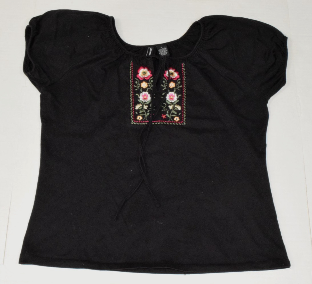 Vintage Womens Top Jason Maxwell Size L Y2K Black Bohemian Embroidered Tie Neck