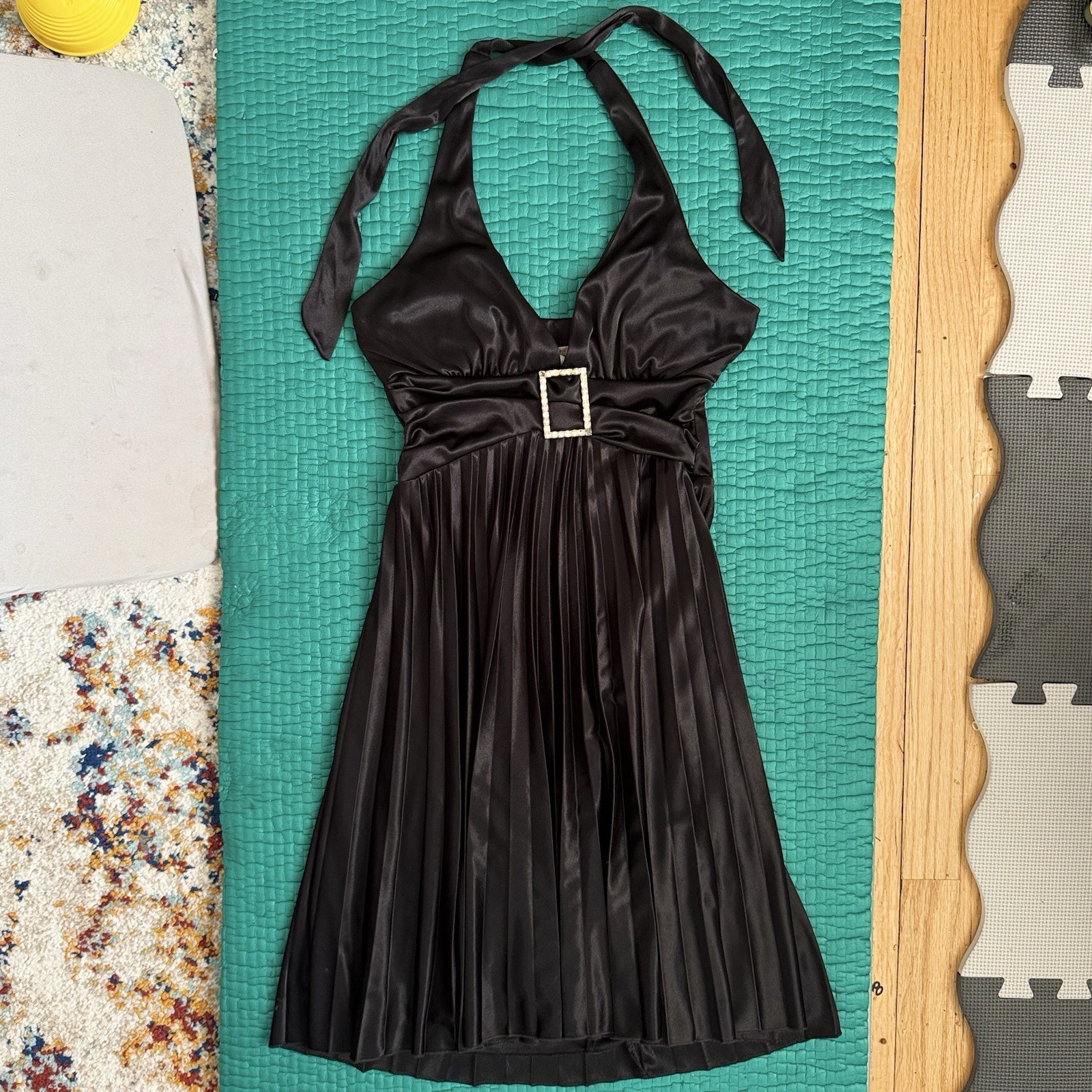 Vintage Y2K Speechless Midi Party Dress Halter Pleated Satin Black Sz S 2000s