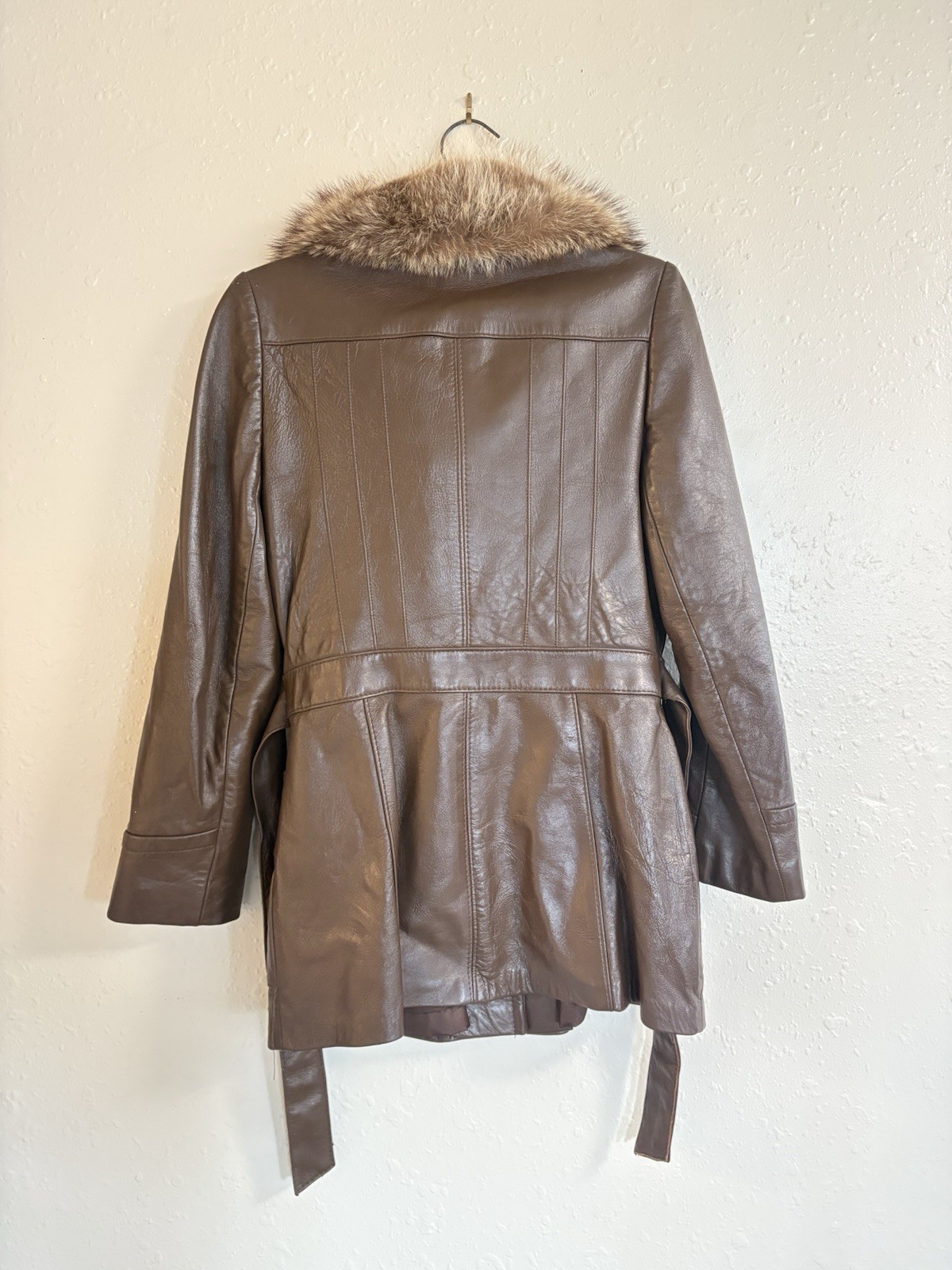 70s Womens S Raccoon Fur Brown Leather Peter Caruso Belted Jacket Coat Vintage