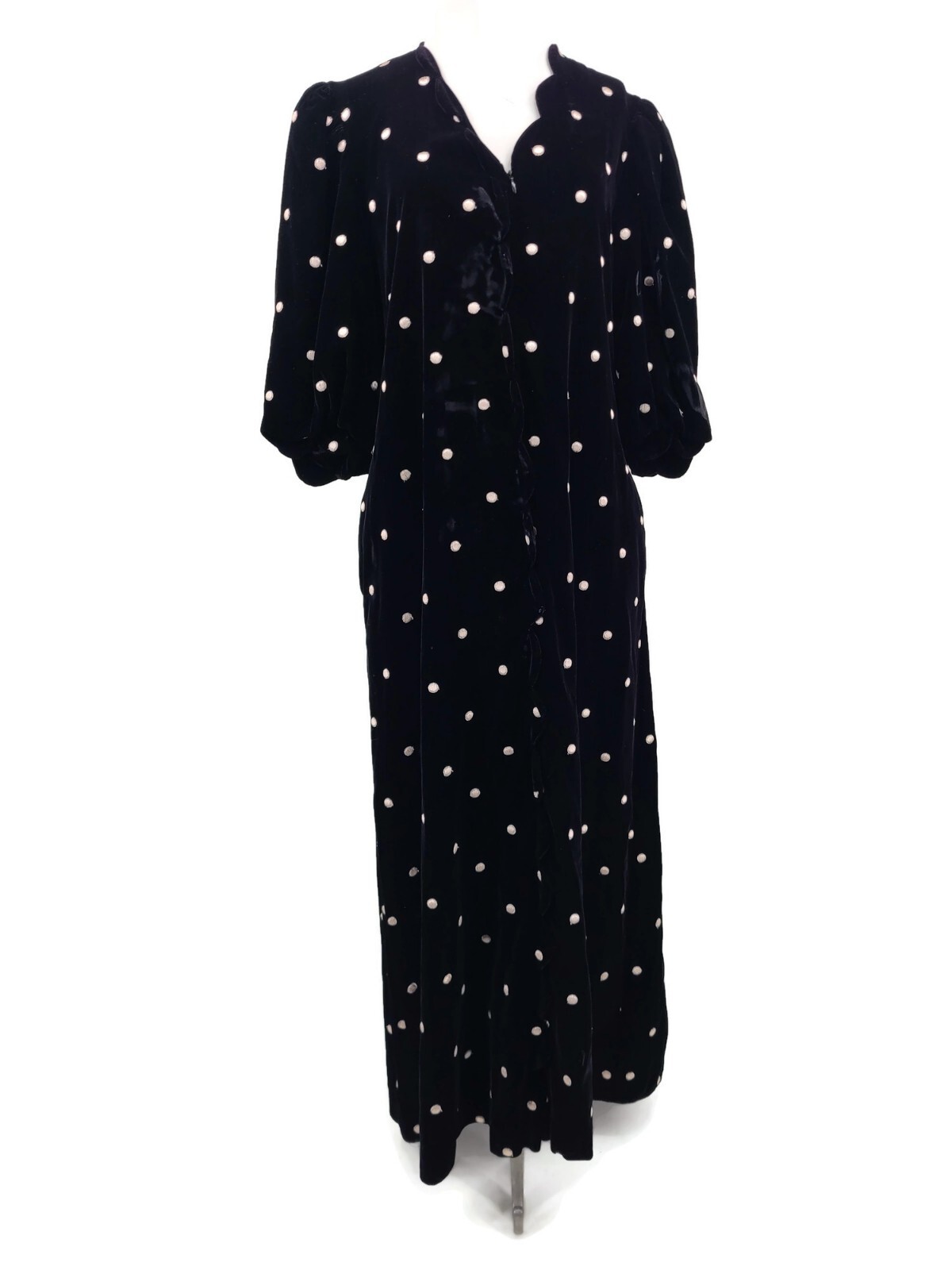 VTG Georgette Trabolsi Velvet Lounger Caftan Womens M Black Pink Dots Gown Pkts