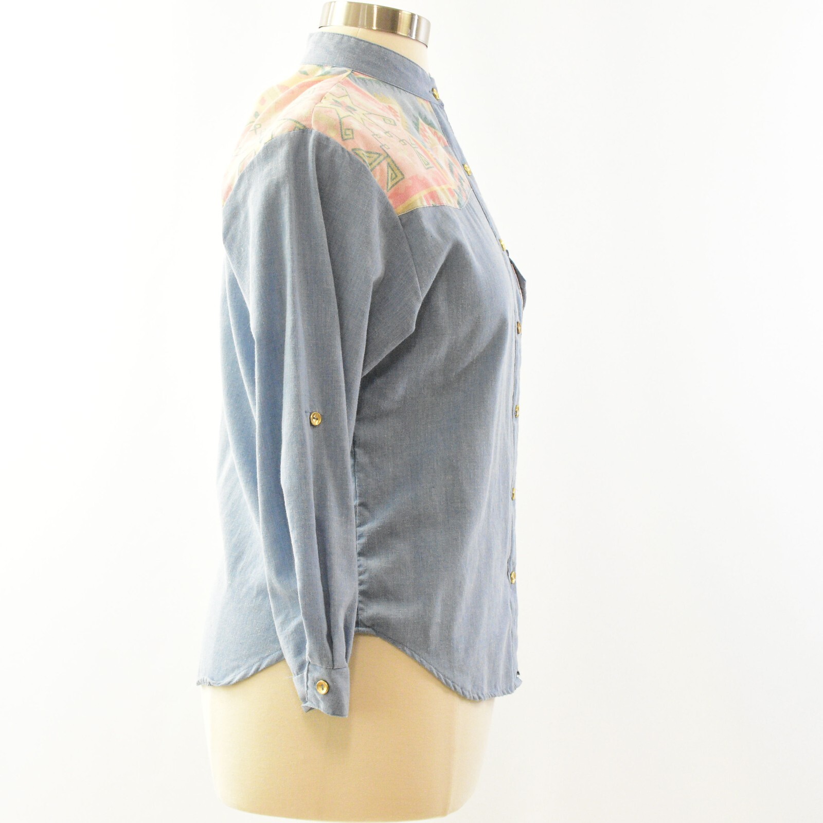 80s Vintage Southwest Print Shirt Womens XL L Denim Western Top Band Collar Boho