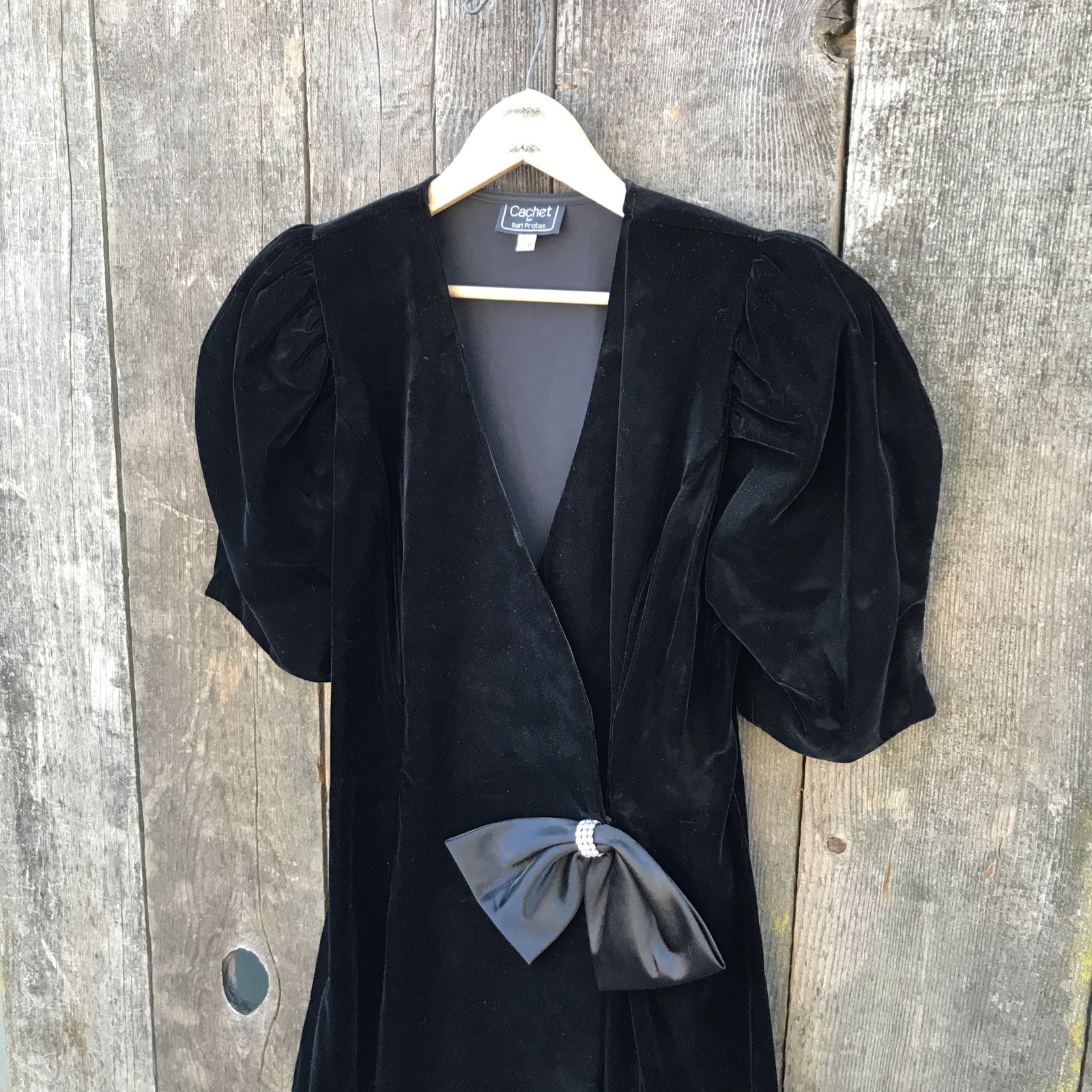 VTG 80s-90s Cachet by Bari Protas Black Velvet Puff Sleeve Bow Party Dress 7/8
