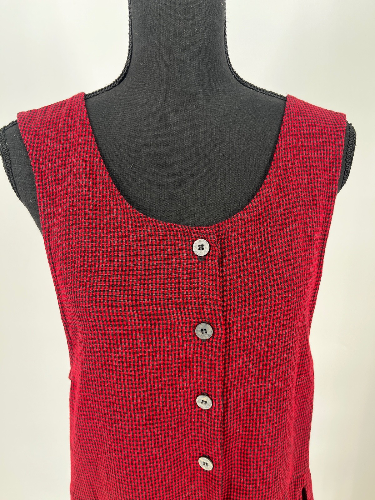 Vtg 90s FADS Red Black Gingham Grunge Dress M Button Front Cottagecore Teacher