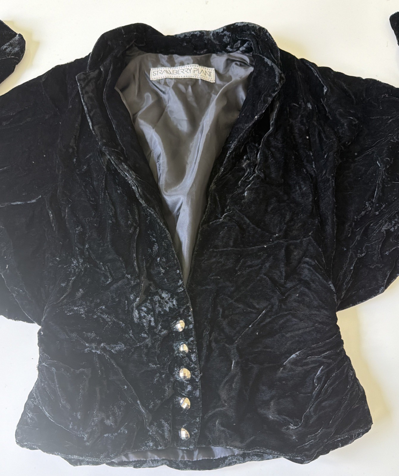 Vtg 70s 80s The Strawberry Plant Crushed Velvet Jacket Black Rhinestone Buttons