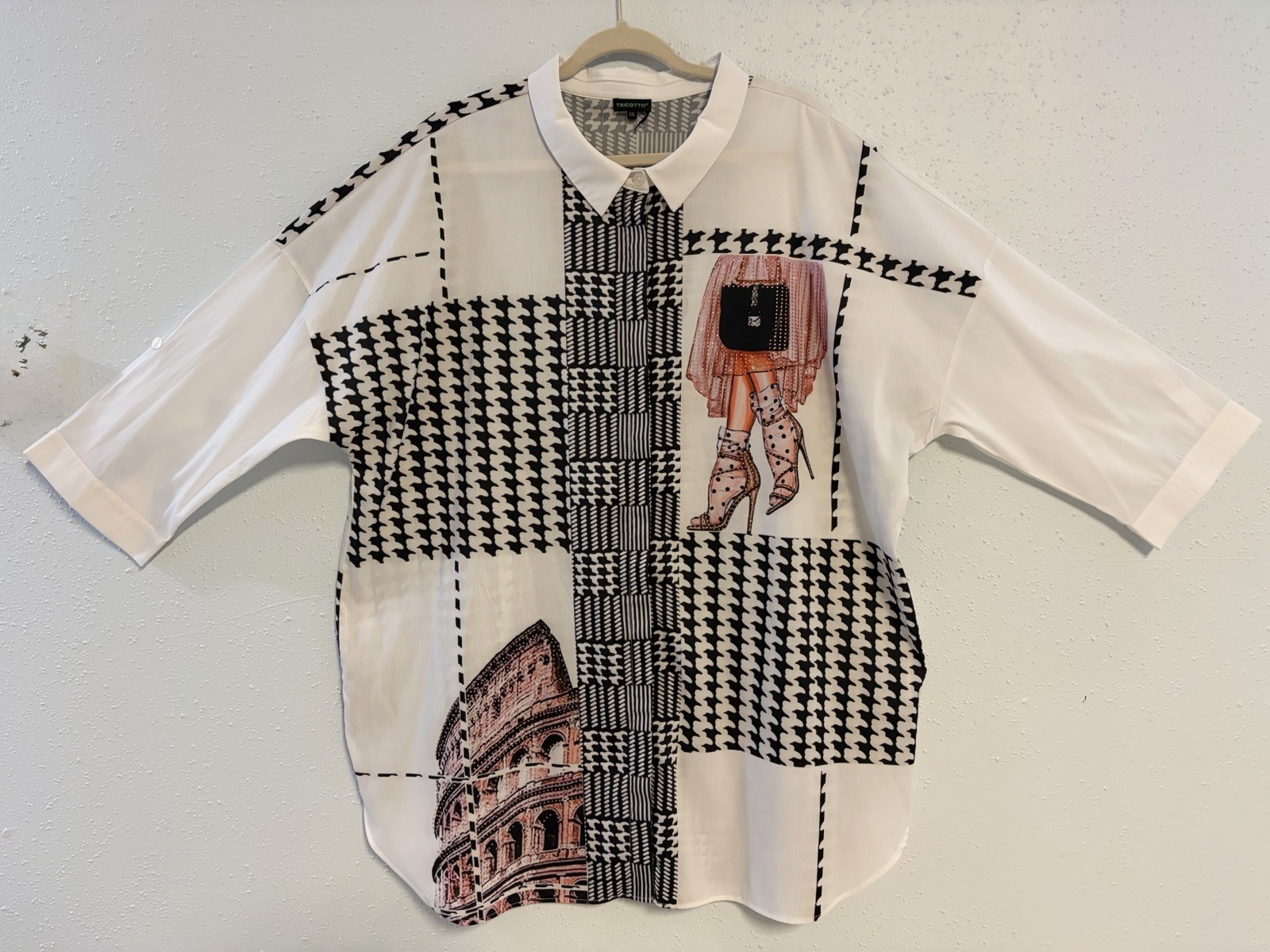 Y2K Tricotto Mixed Print/Pattern Button Down Blouse Sz 2X Art To Wear 3/4 Sleeve
