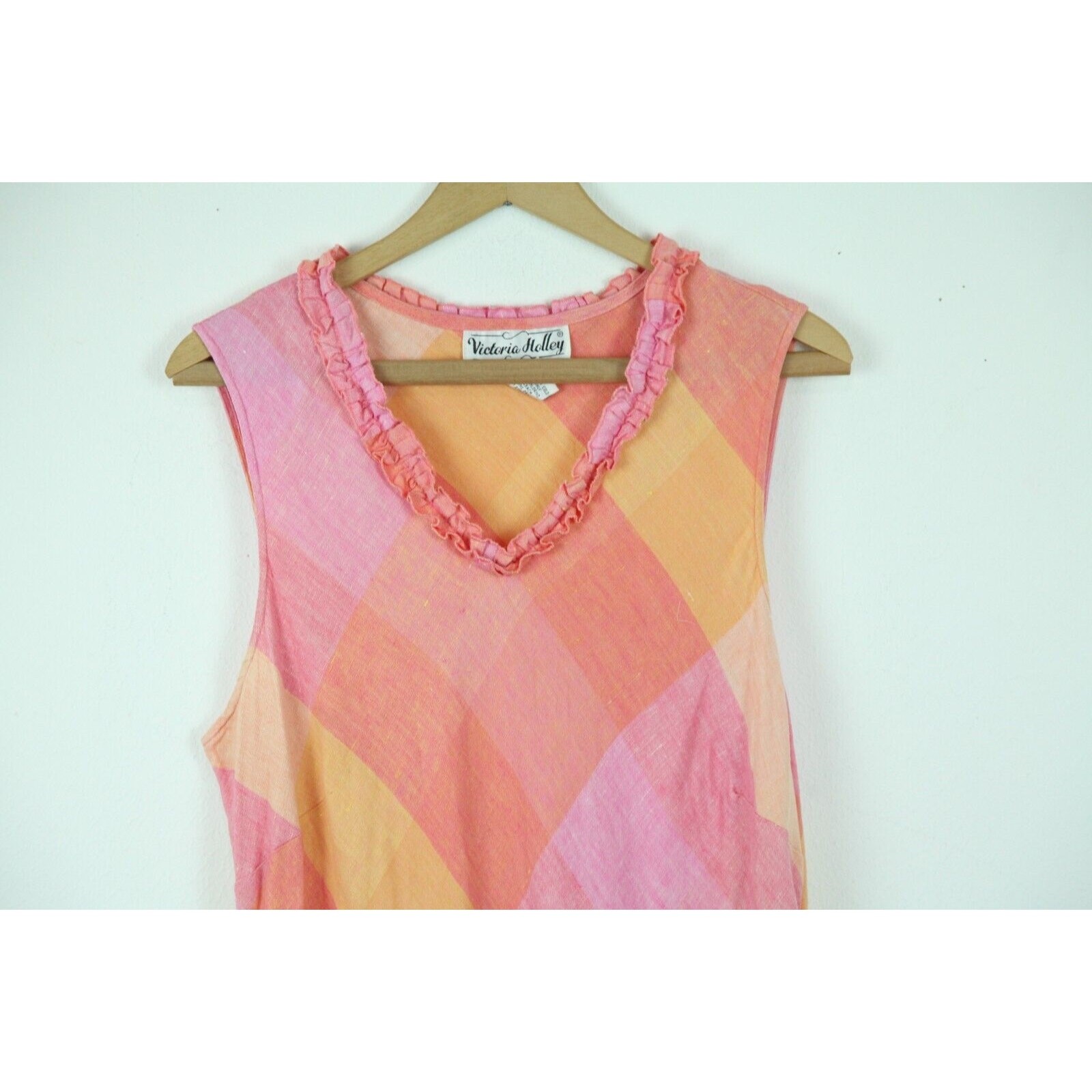 Vintage 90s Linen Maxi Dress Pastel Pink Plaid Country Club Preppy Bias 16 FLAW