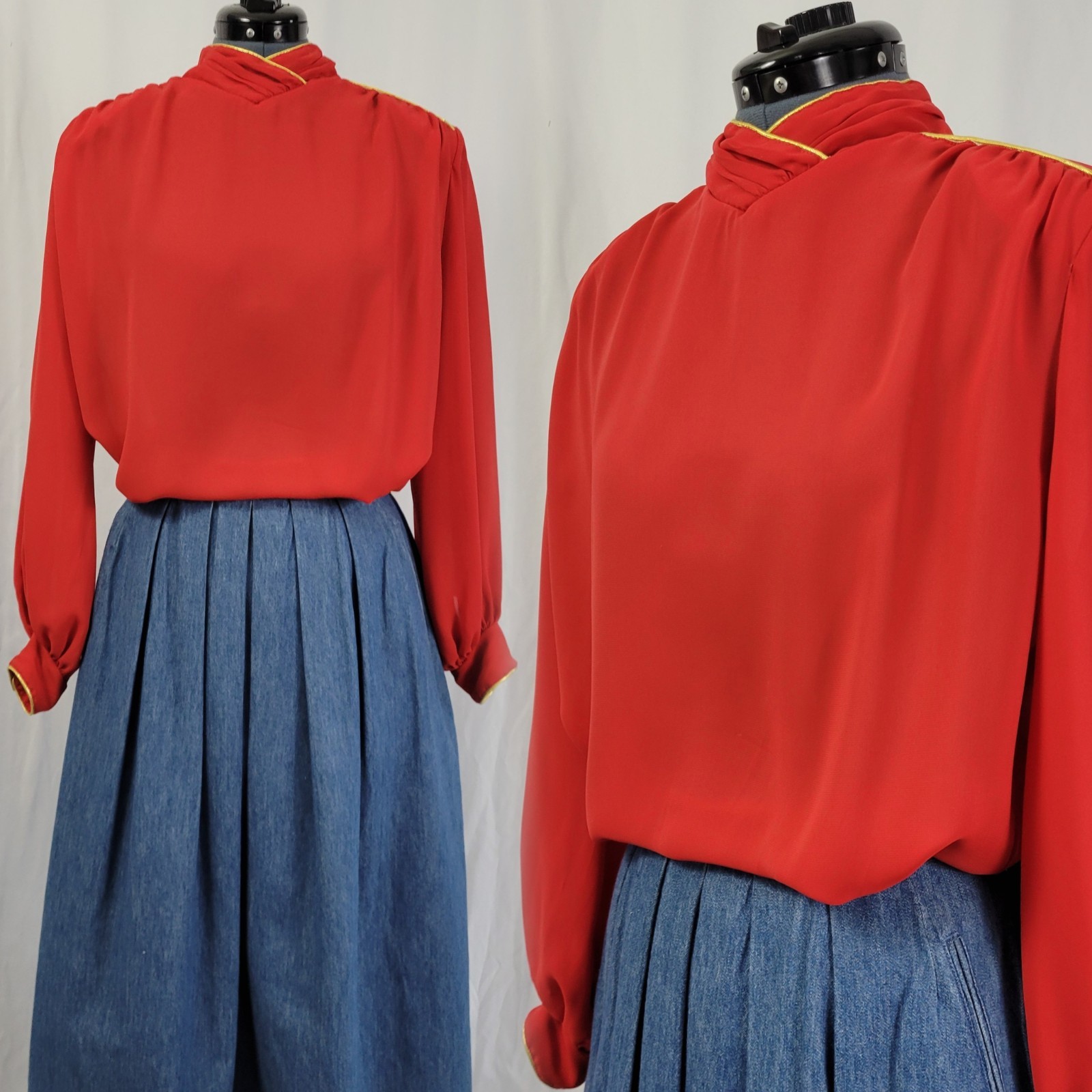 Vintage Laura Mae Red Rouched Neck Blouse w Gold Trim Accent Size L/XL?