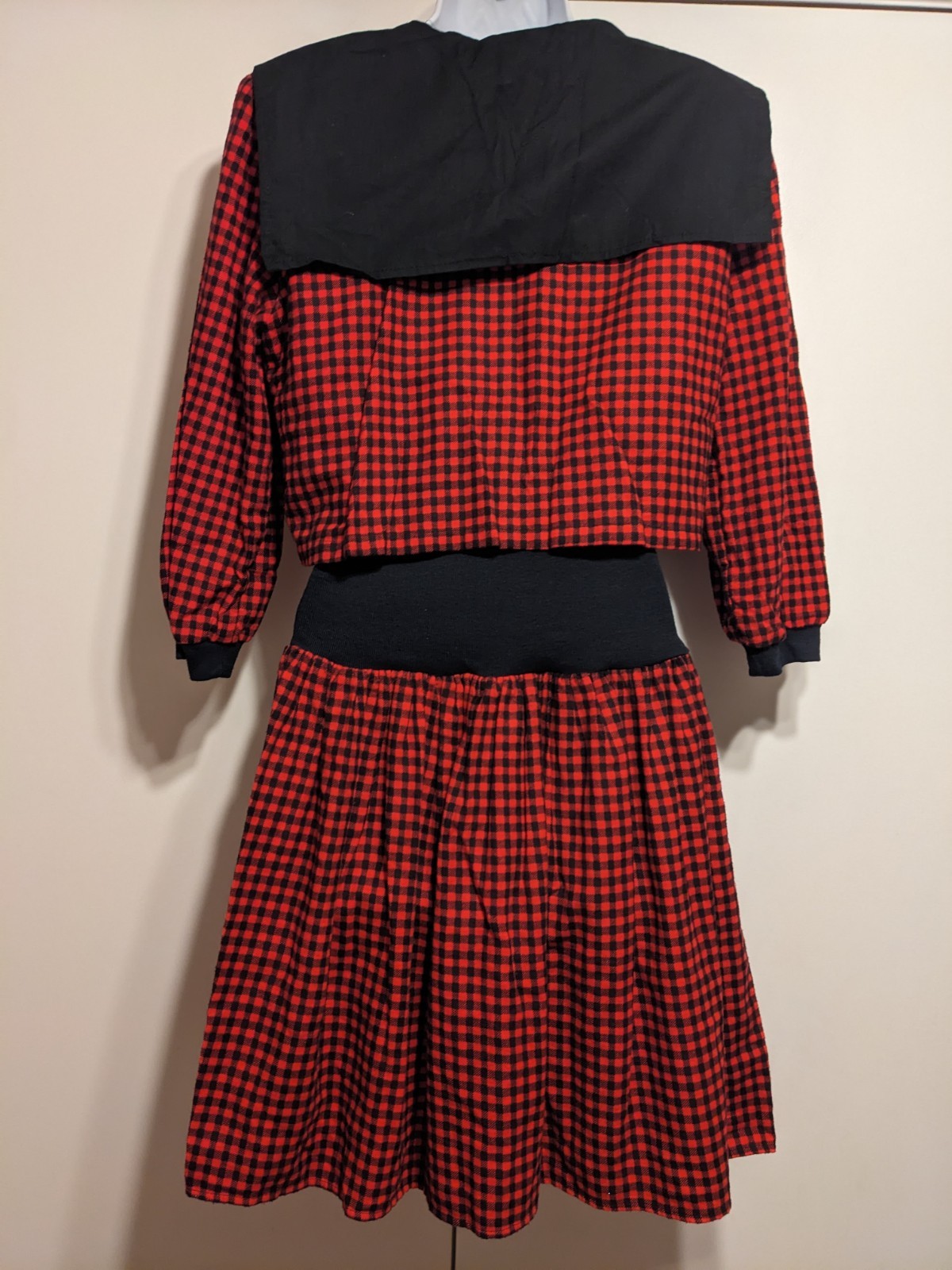 Vintage 80s red black plaid jumper dress drop waist You too Babes USA shirt 90s